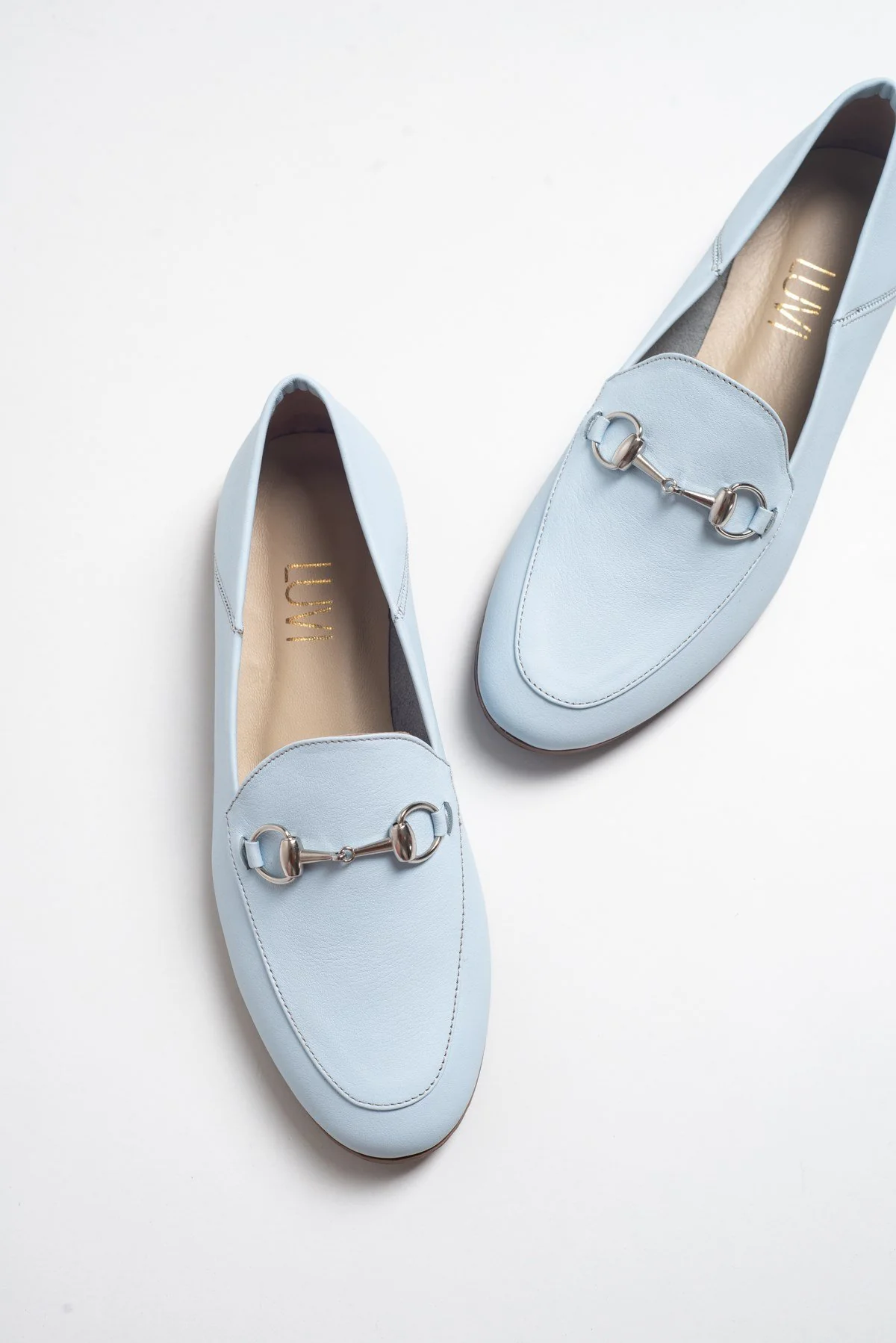 Penny - Baby Blue Leather Horsebit Loafers