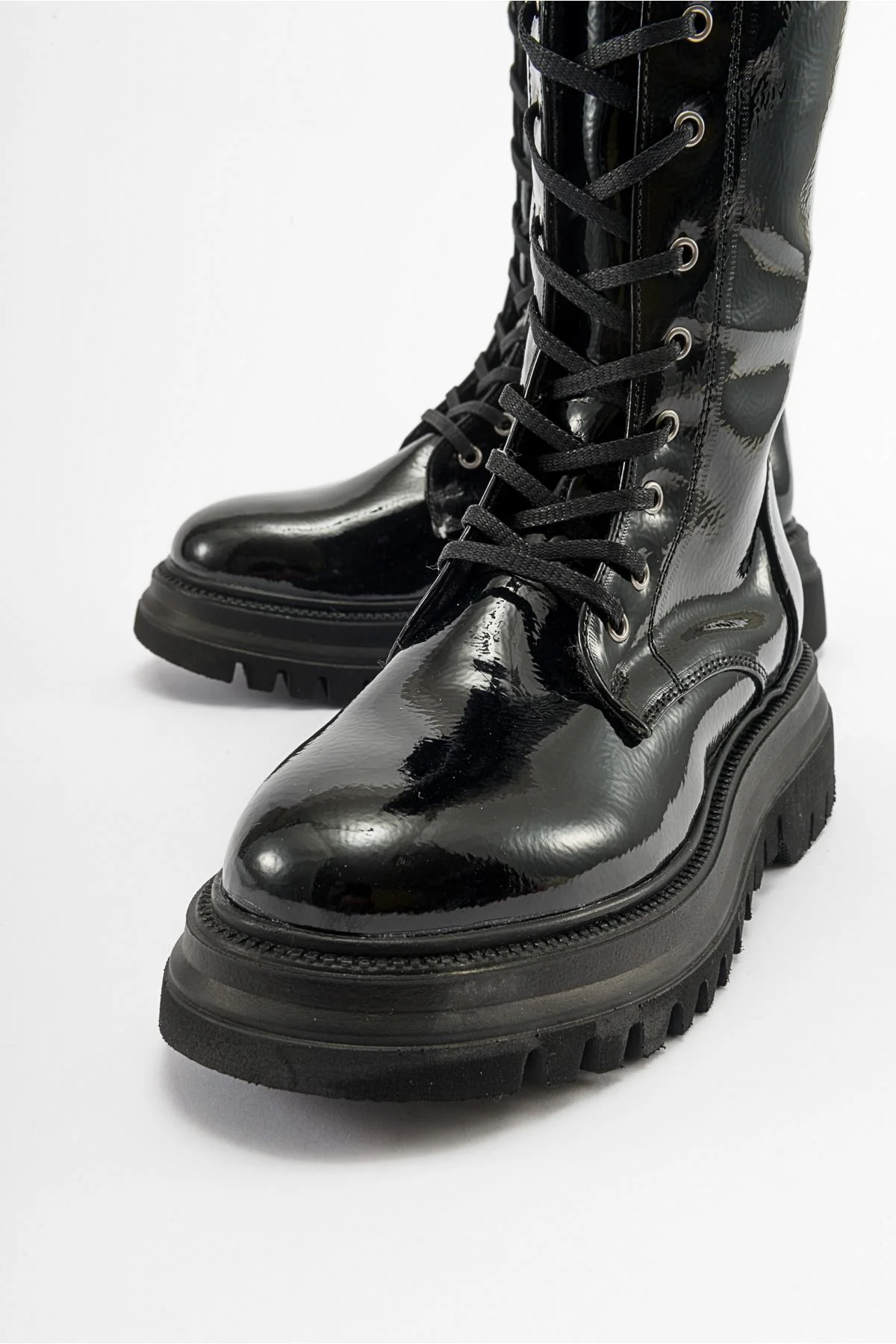 Piola - Black Crinkled Patent Lace-Up Zip Combat Boot (Women) - Image 4