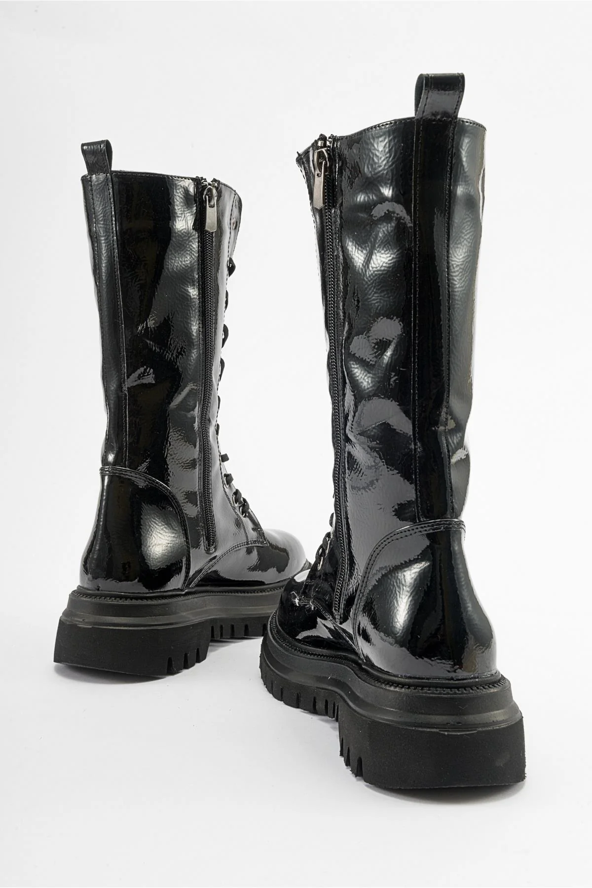 Piola - Black Crinkled Patent Lace-Up Zip Combat Boot (Women) - Image 5