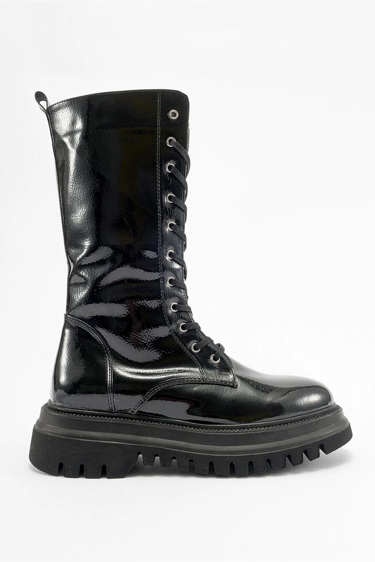Piola - Black Crinkled Patent Lace-Up Zip Combat Boot (Women) - Image 6