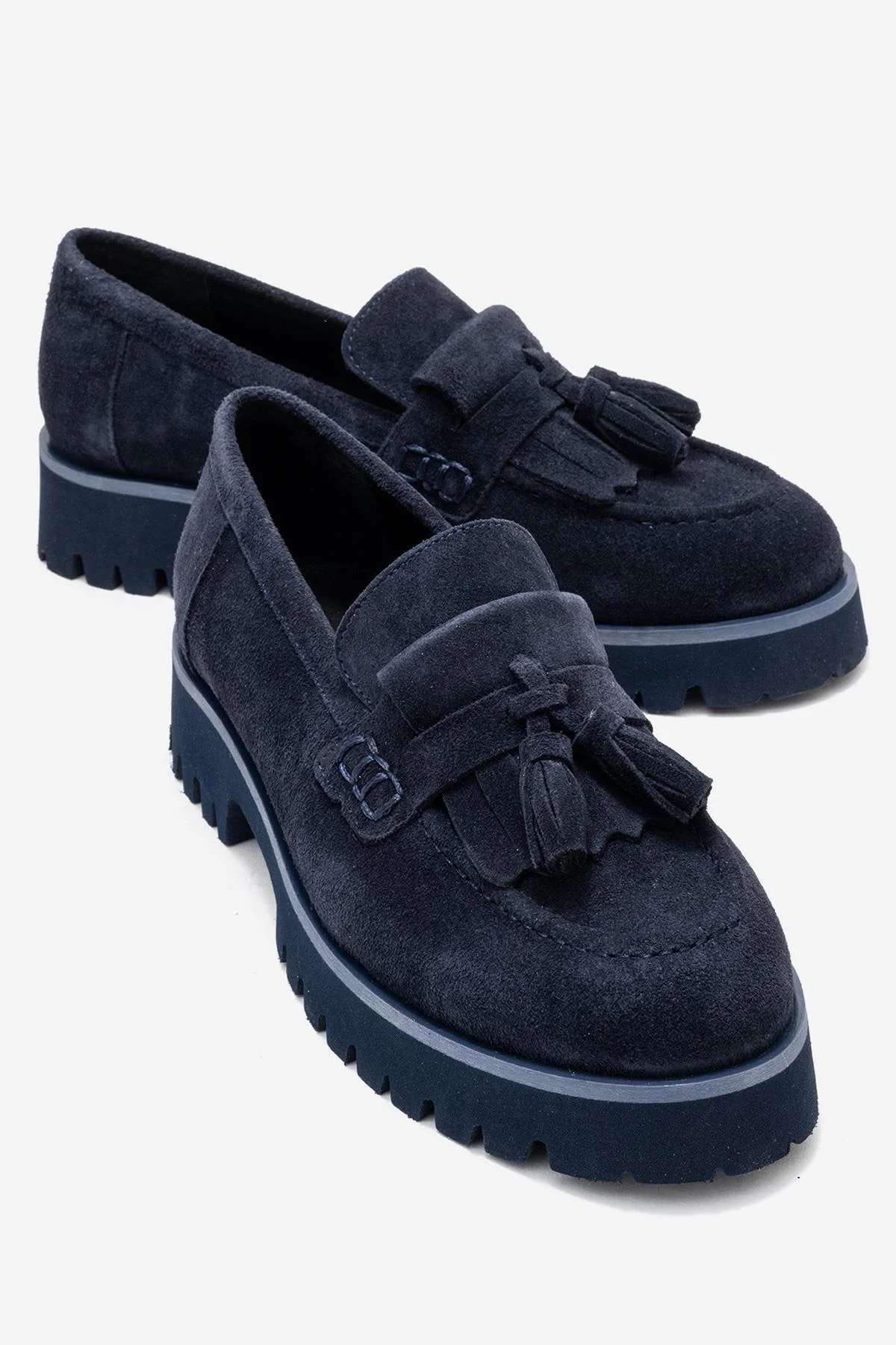 Poen - Navy Suede Genuine Leather Tassel Loafer (Women)