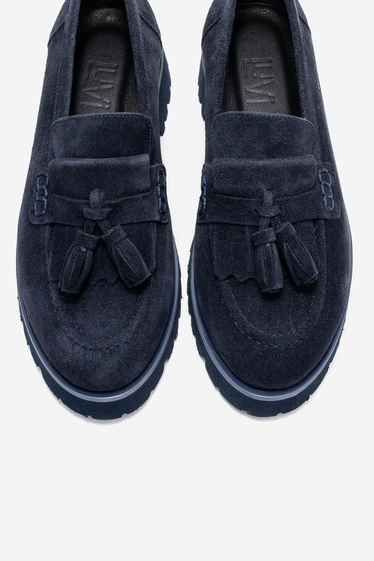 Poen - Navy Suede Genuine Leather Tassel Loafer (Women) - Image 2