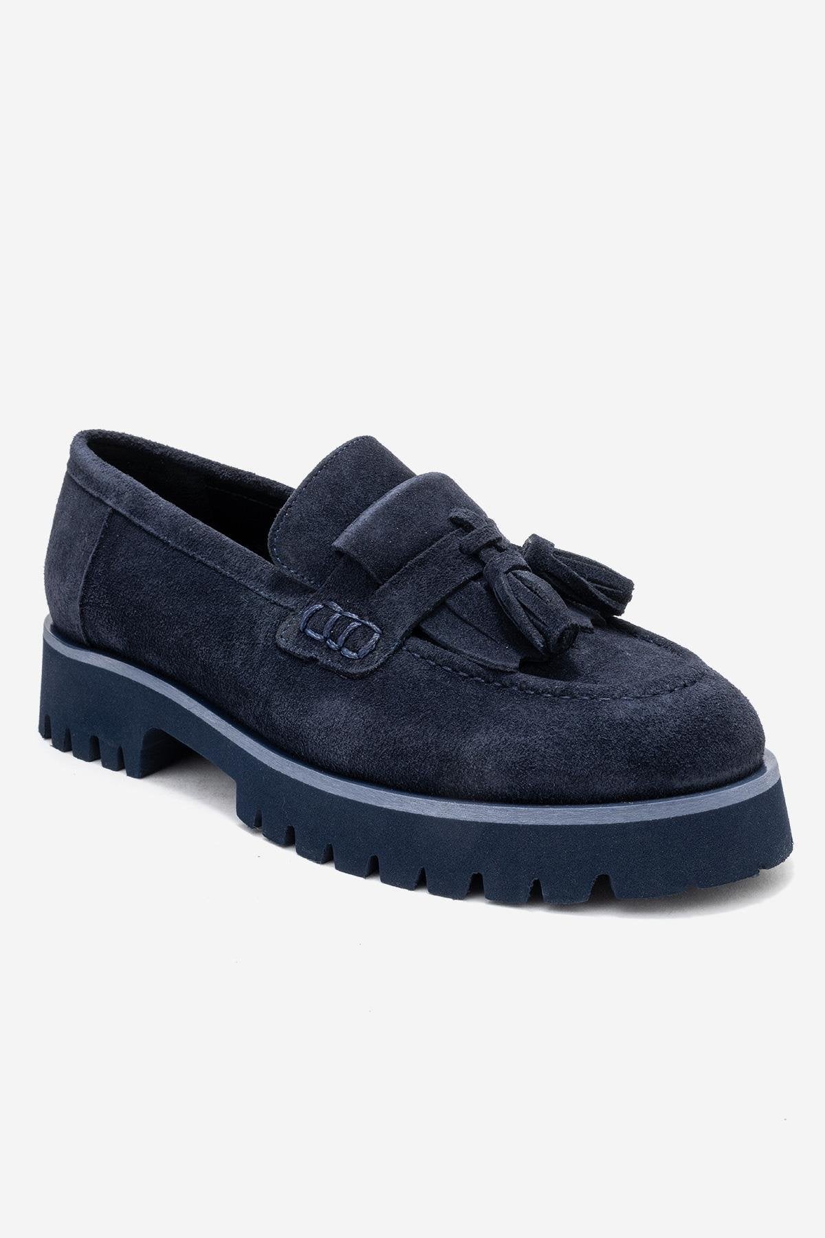 Poen - Navy Suede Genuine Leather Tassel Loafer (Women) - Image 3