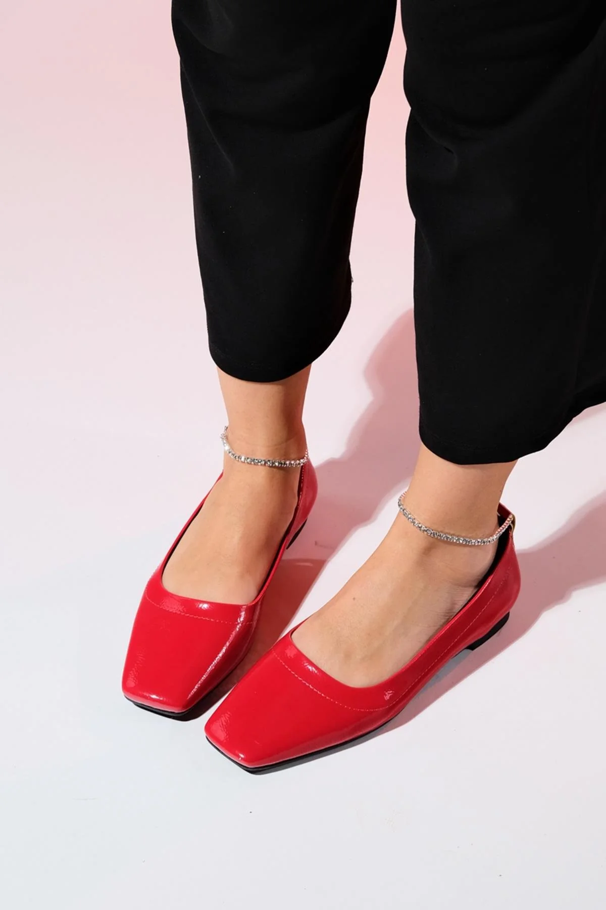 Pohan - Red Genuine Leather Patent Stone-Embellished Ballet Flat (Women)