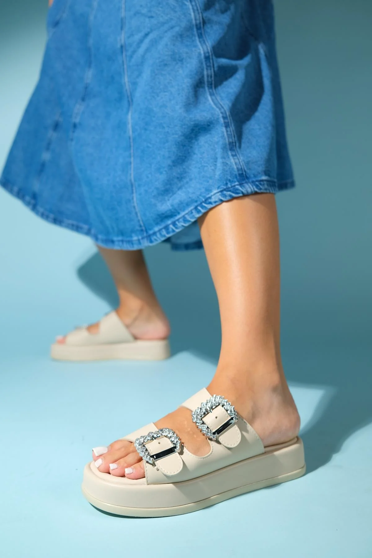 Preds - Beige Embellished Buckle Double-Band Slide (Women)