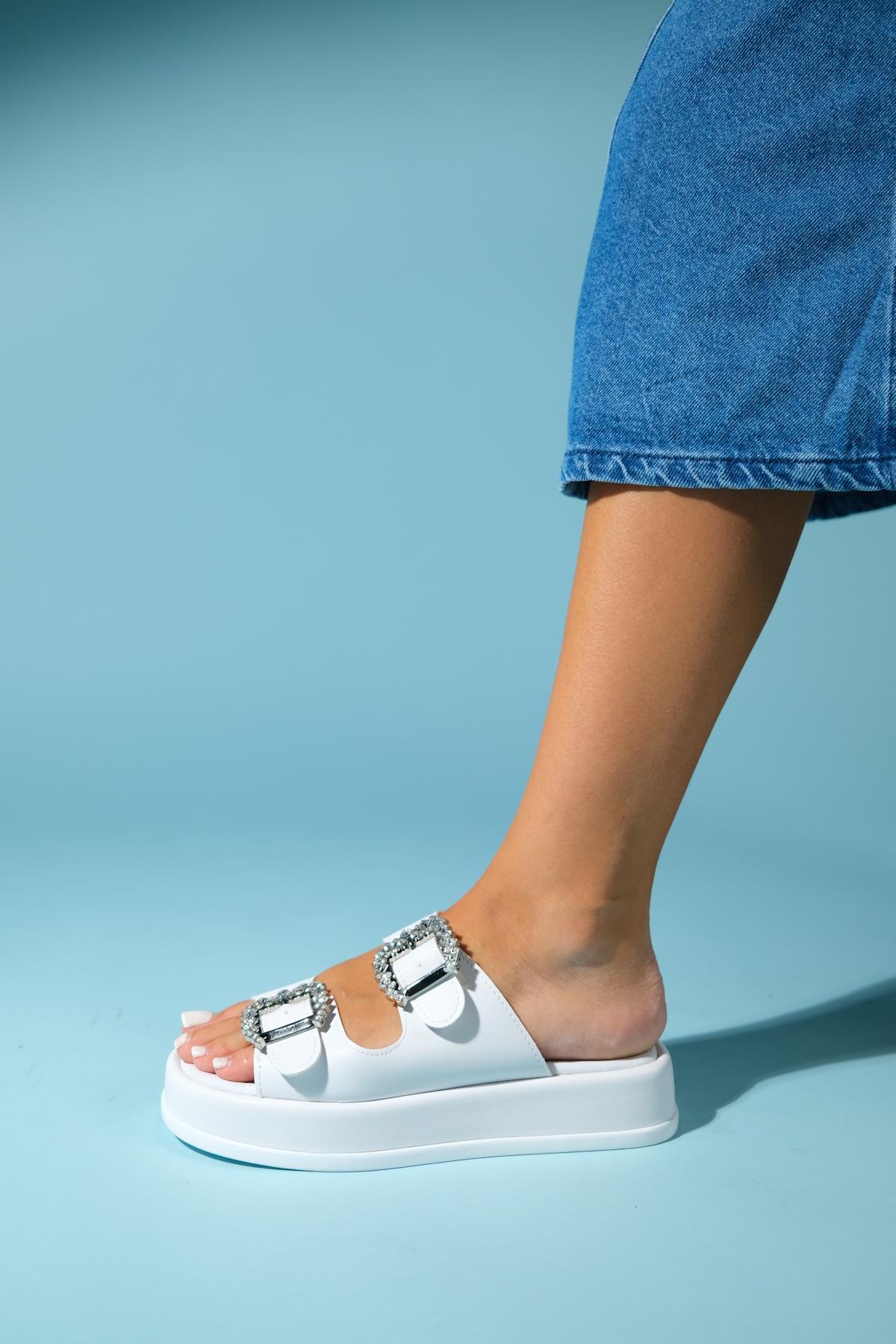 Preds - White Embellished Buckle Double-Band Slide (Women) - Image 5