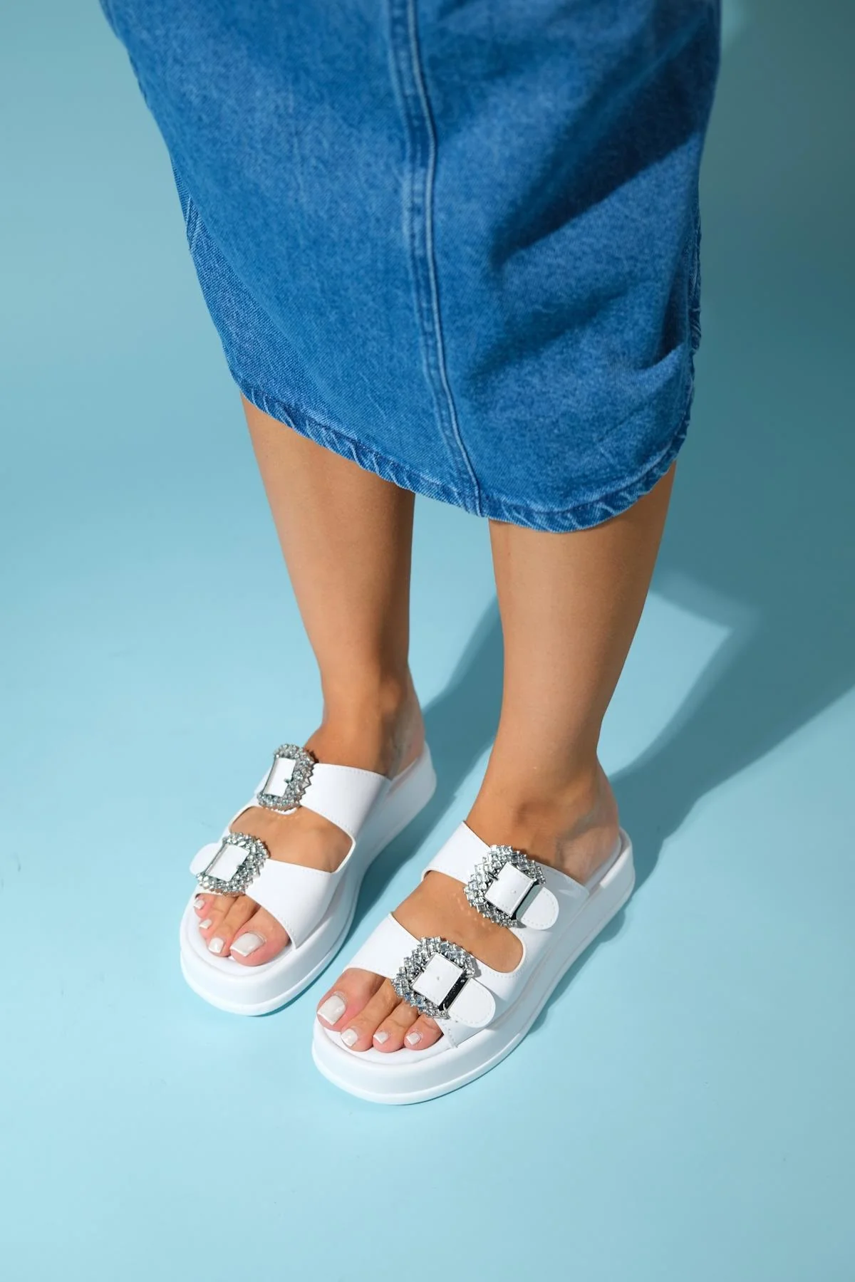 Preds - White Embellished Buckle Double-Band Slide (Women) - Image 6