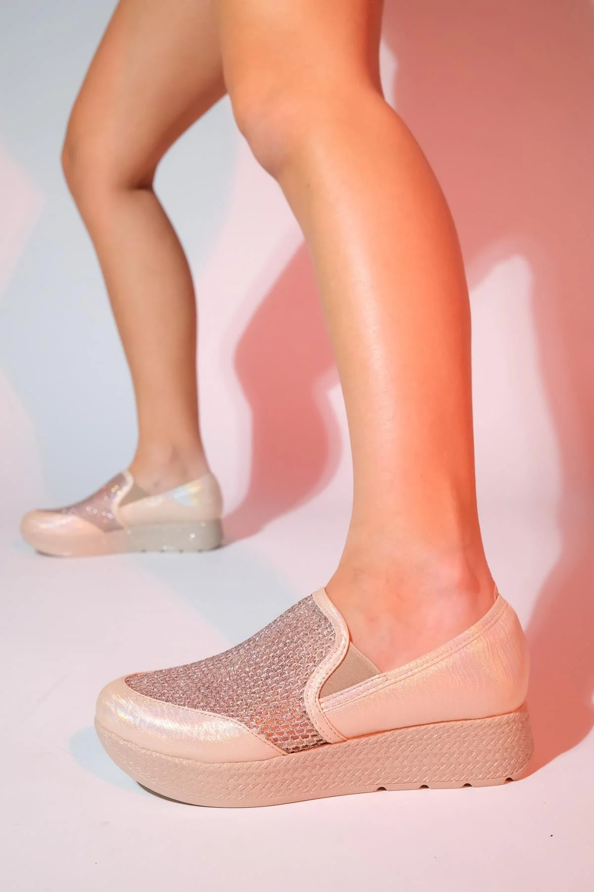 Purcan - Beige Glitter Mesh Chunky Sole Casual Shoe (Women) - Image 2