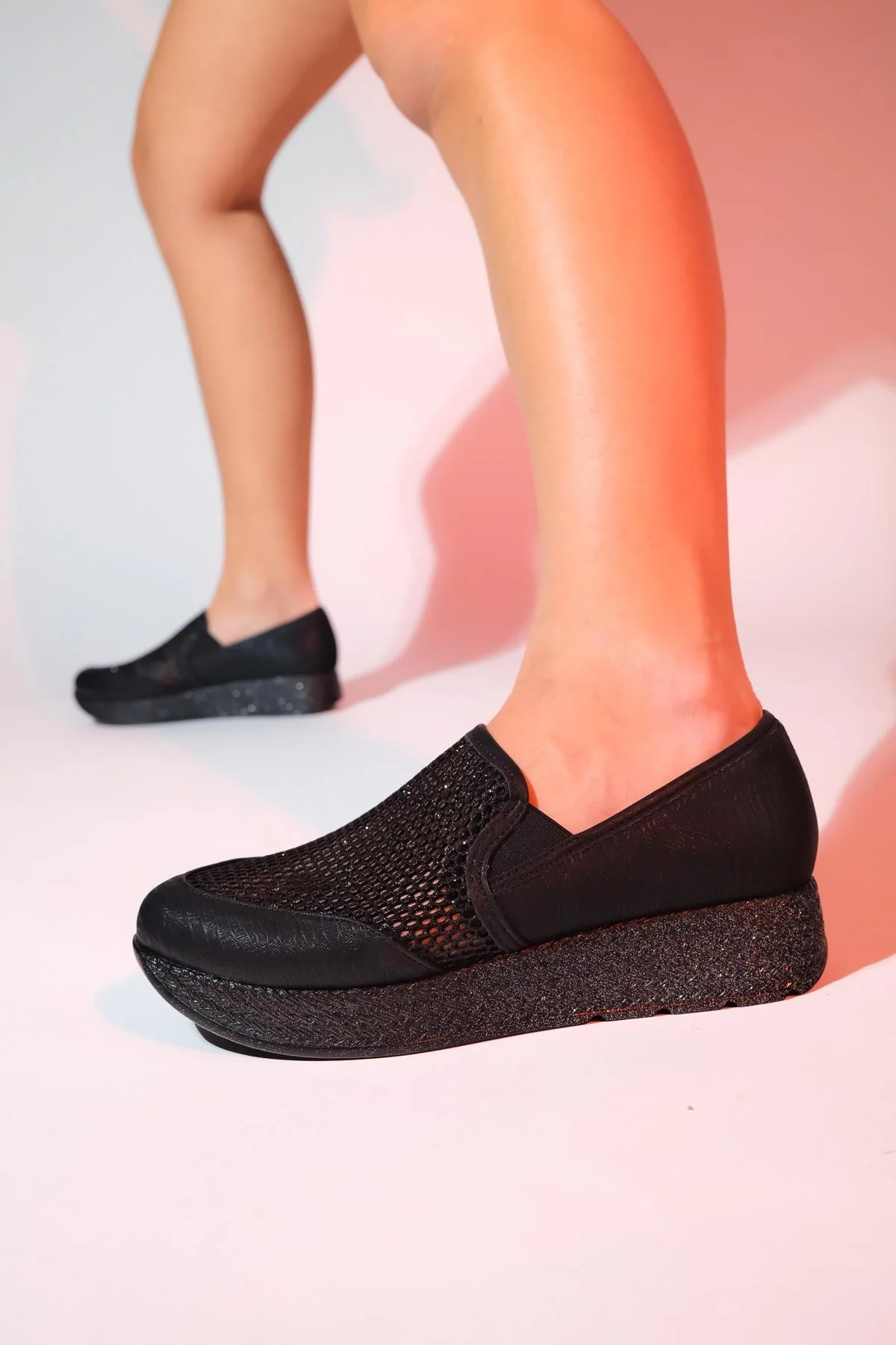 Purcan - Black Glitter Mesh Chunky Sole Casual Shoe (Women)