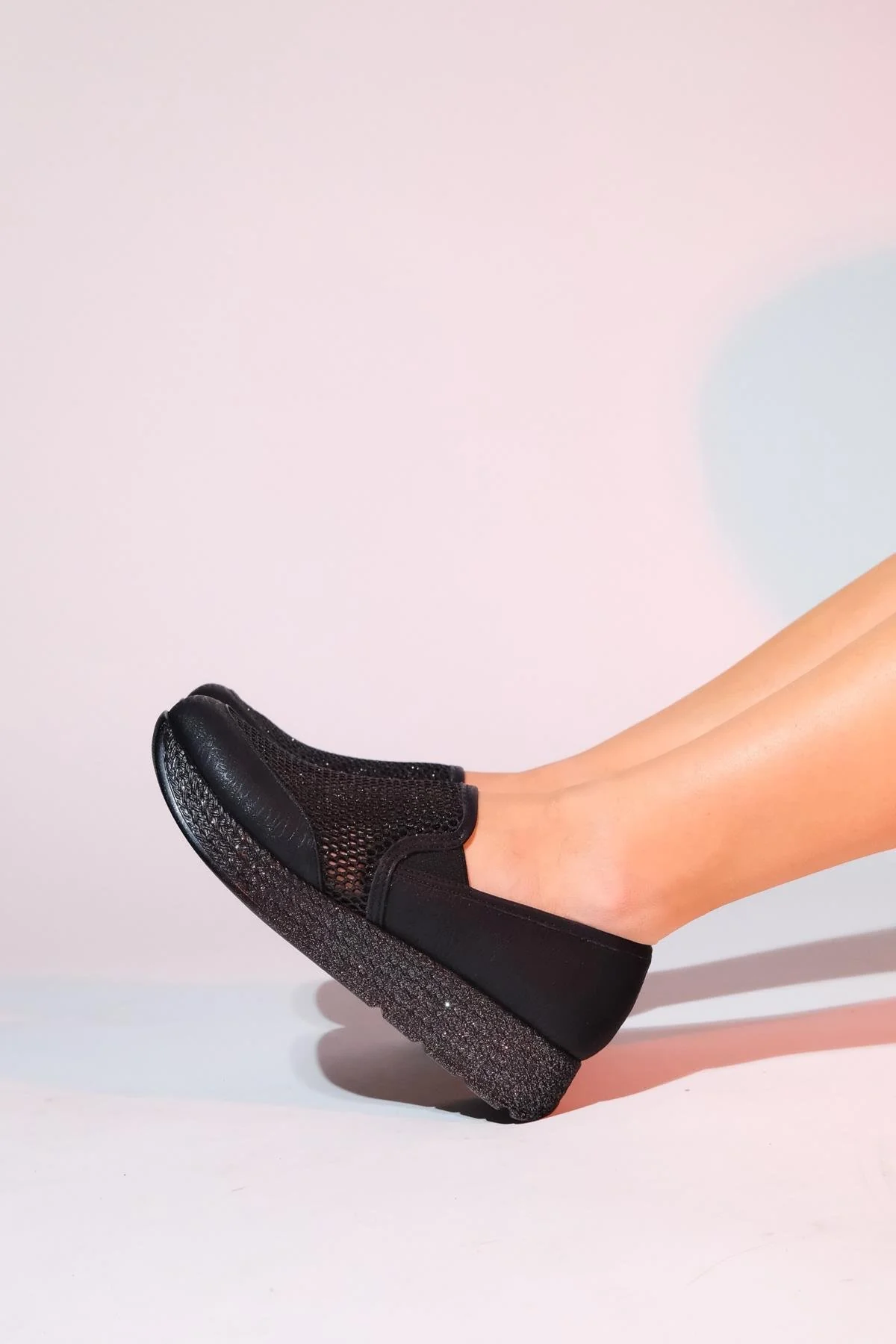 Purcan - Black Glitter Mesh Chunky Sole Casual Shoe (Women) - Image 2