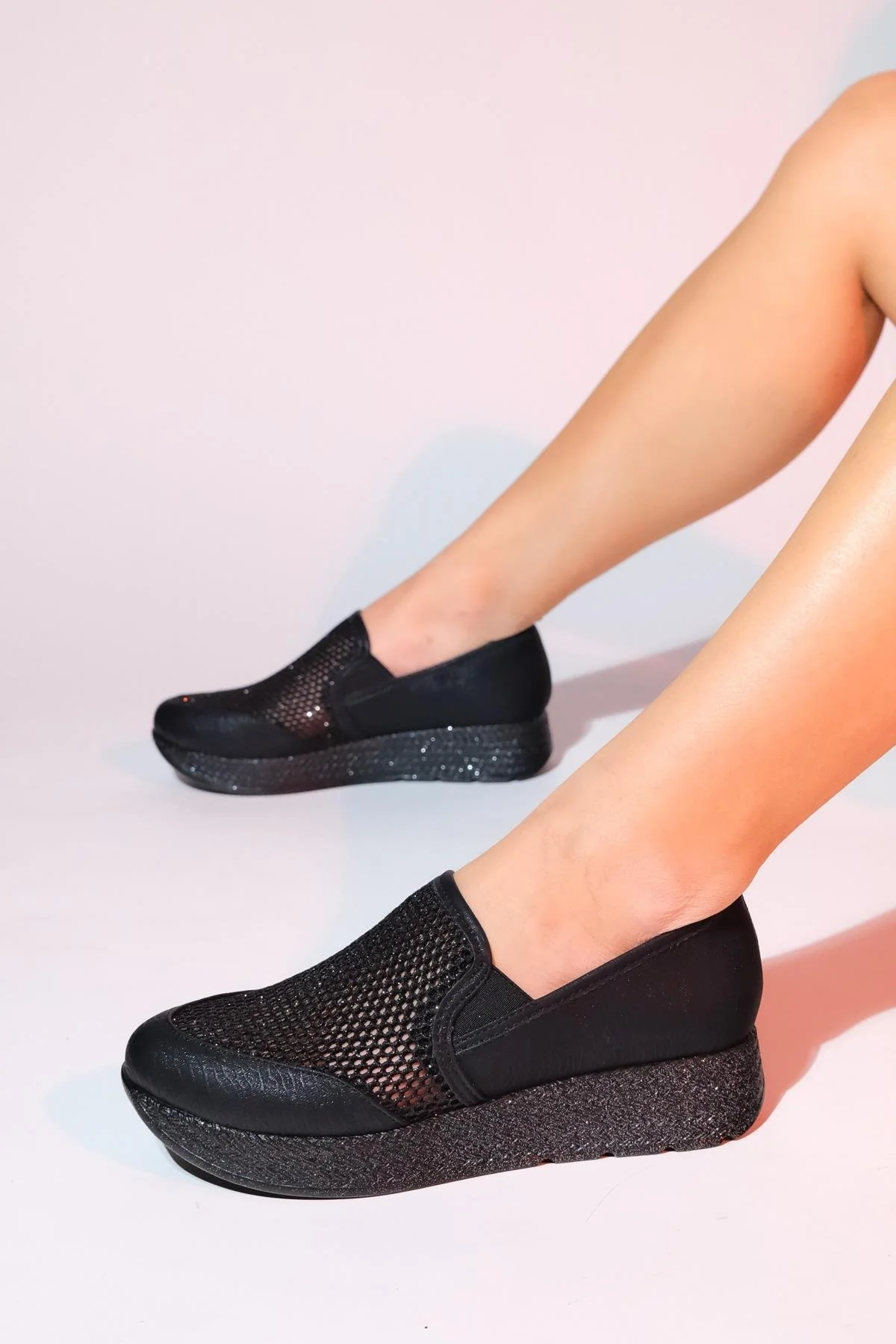 Purcan - Black Glitter Mesh Chunky Sole Casual Shoe (Women) - Image 5