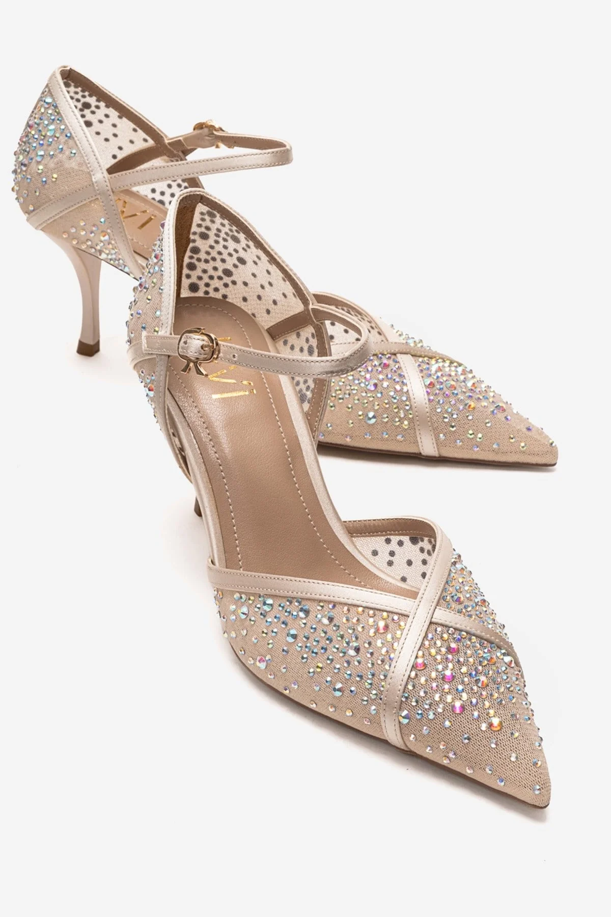 RACHEL - Beige Genuine Leather Satin Stone-Embellished Mesh Stiletto Pump (Women)