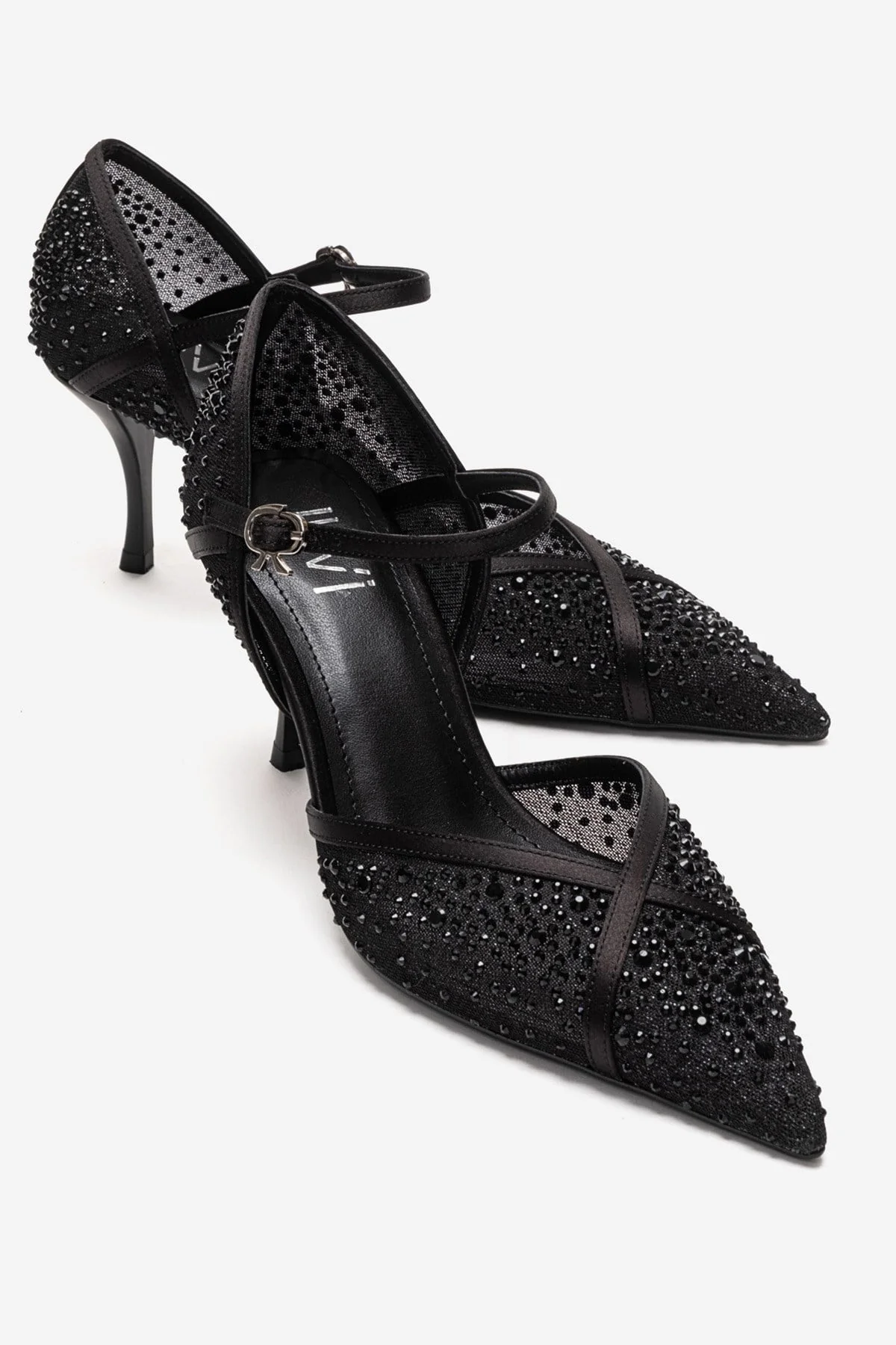 RACHEL - Black Genuine Leather Satin Stone-Embellished Mesh Stiletto Pump (Women)