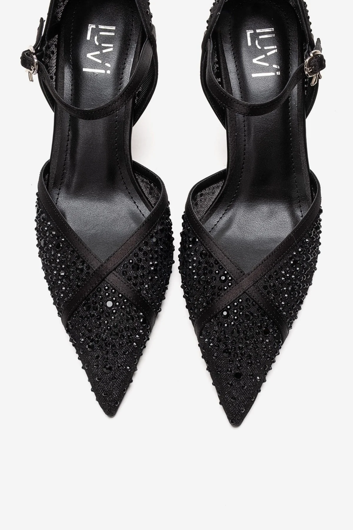 RACHEL - Black Genuine Leather Satin Stone-Embellished Mesh Stiletto Pump (Women) - Image 2