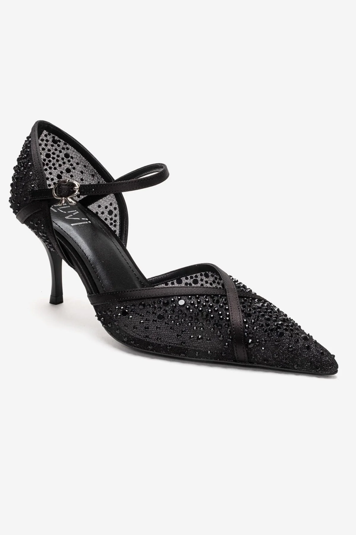 RACHEL - Black Genuine Leather Satin Stone-Embellished Mesh Stiletto Pump (Women) - Image 3
