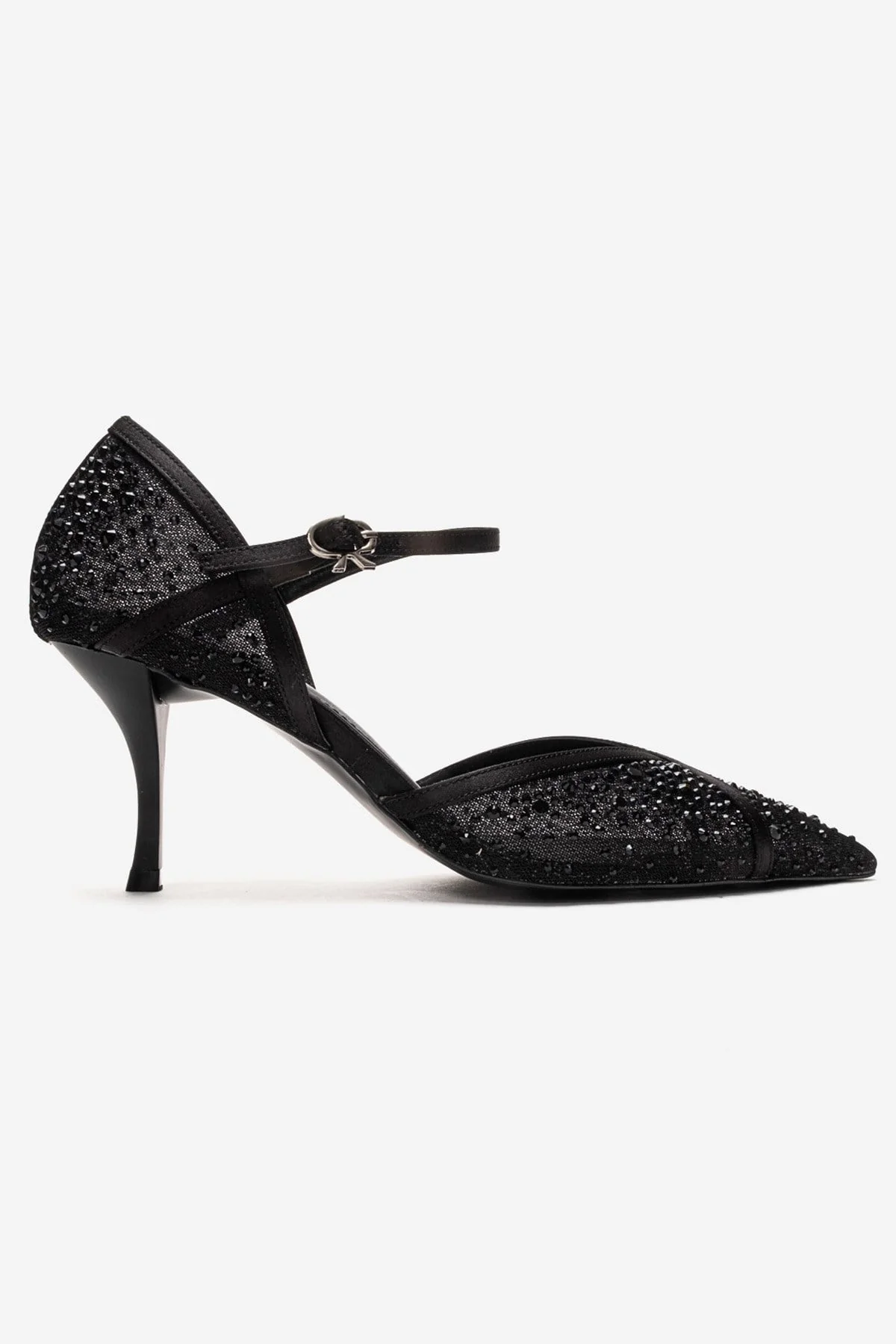 RACHEL - Black Genuine Leather Satin Stone-Embellished Mesh Stiletto Pump (Women) - Image 4