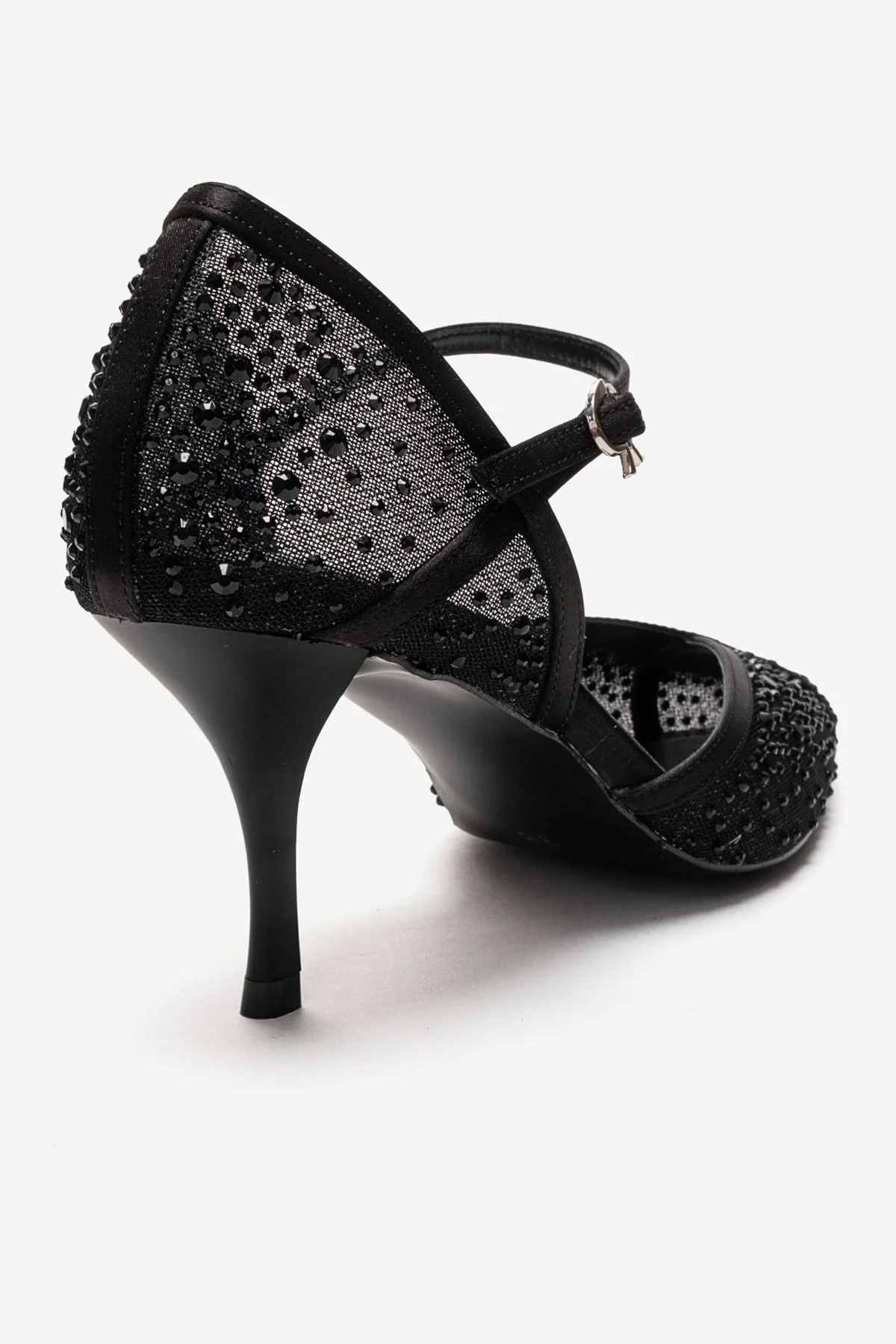 RACHEL - Black Genuine Leather Satin Stone-Embellished Mesh Stiletto Pump (Women) - Image 5