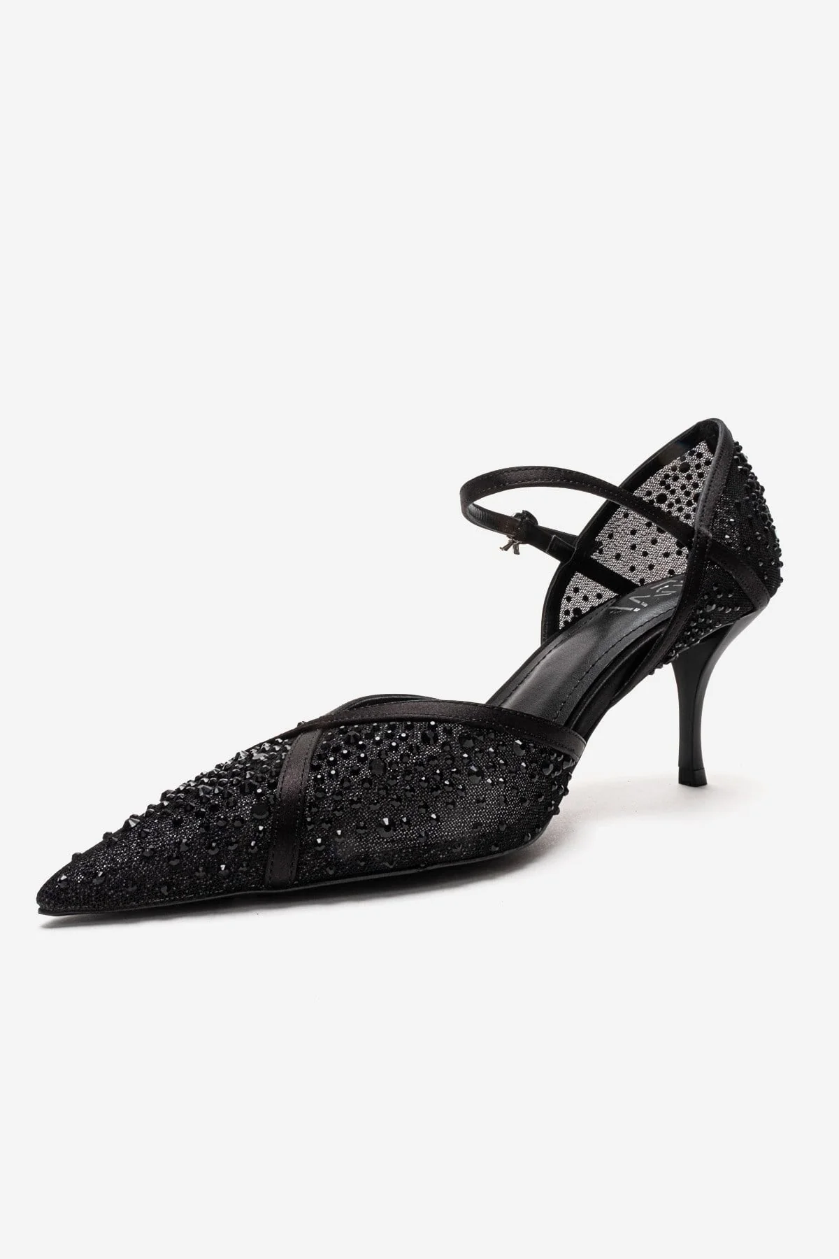 RACHEL - Black Genuine Leather Satin Stone-Embellished Mesh Stiletto Pump (Women) - Image 6