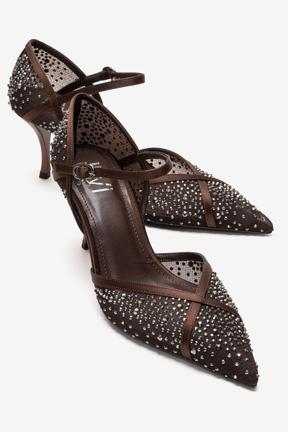 RACHEL - Brown Genuine Leather Satin Stone-Embellished Mesh Stiletto Pump (Women)