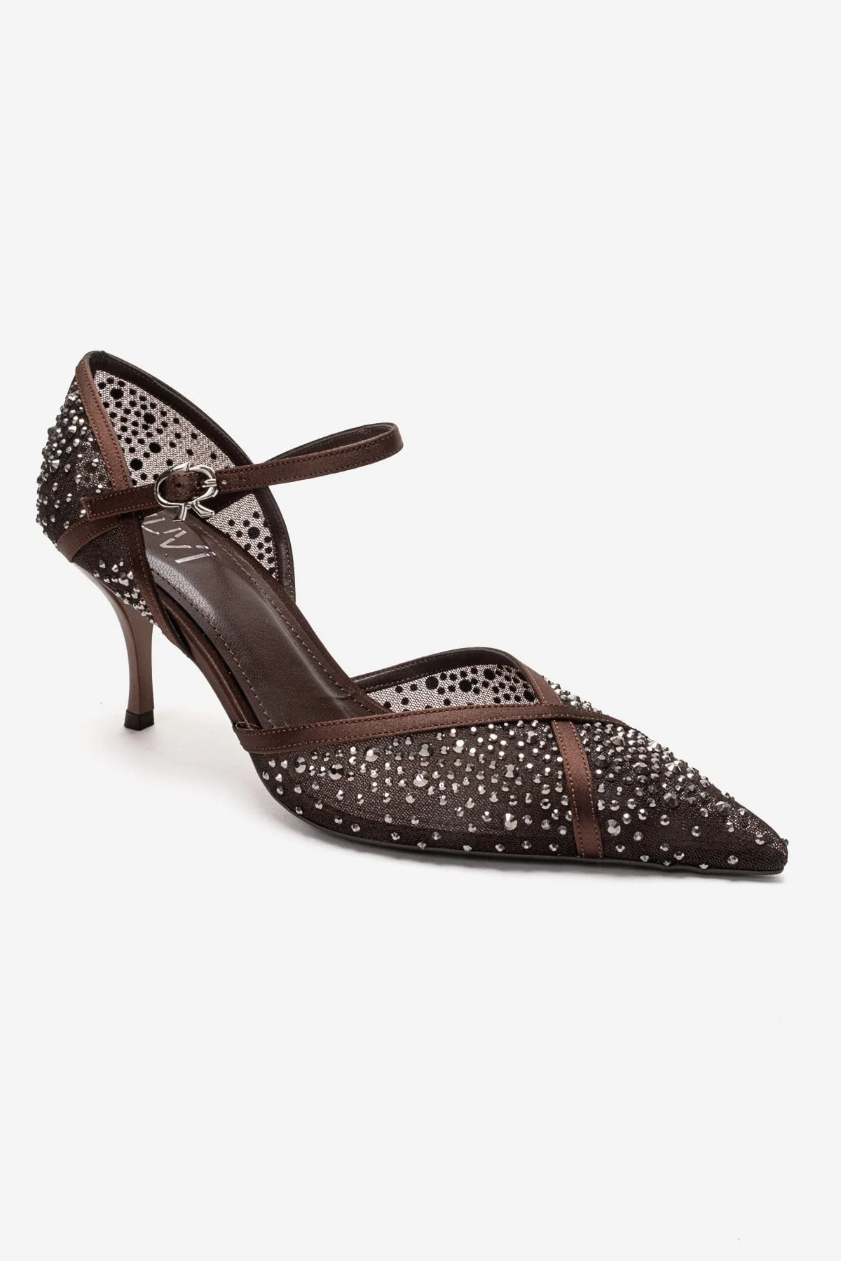 RACHEL - Brown Genuine Leather Satin Stone-Embellished Mesh Stiletto Pump (Women) - Image 3
