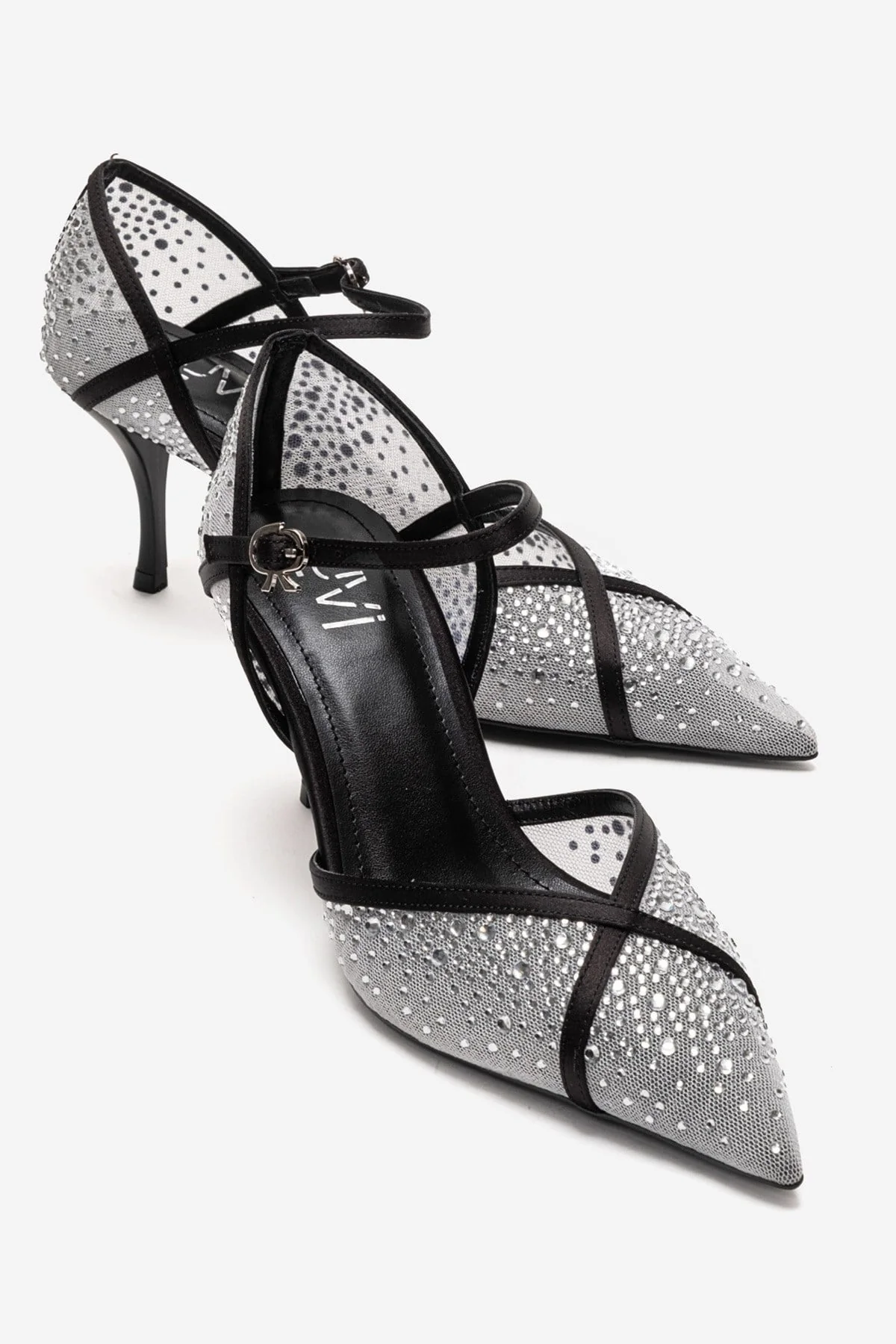 RACHEL - White And Black Genuine Leather Mesh And Satin Stone-Embellished Stiletto Pump (Women)