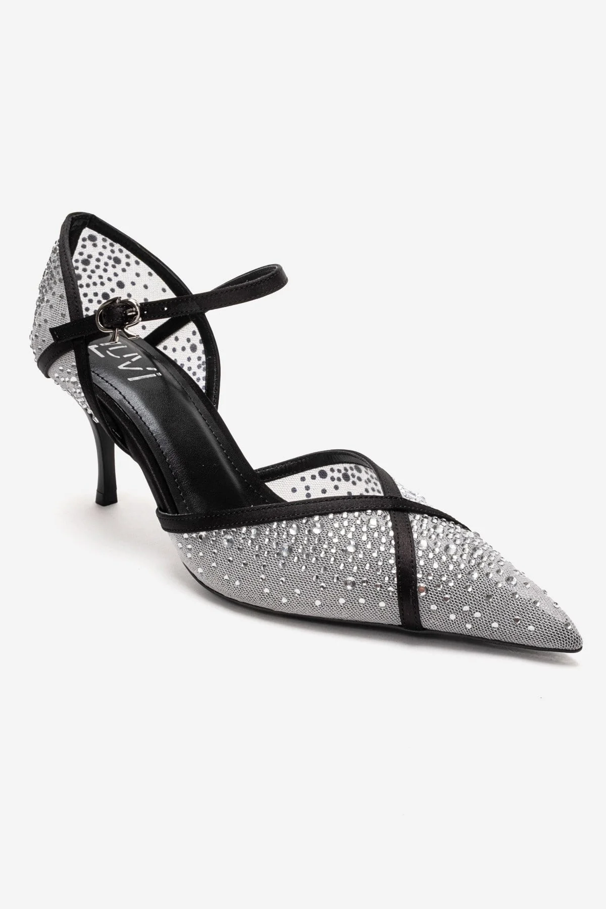 RACHEL - White And Black Genuine Leather Mesh And Satin Stone-Embellished Stiletto Pump (Women) - Image 3