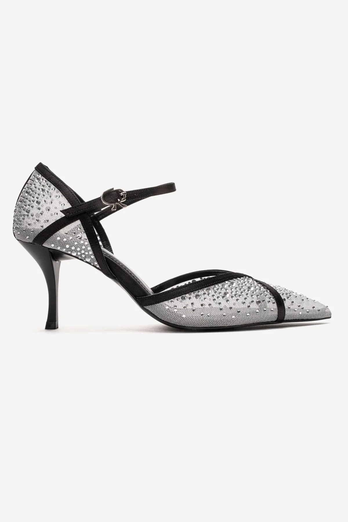 RACHEL - White And Black Genuine Leather Mesh And Satin Stone-Embellished Stiletto Pump (Women) - Image 4