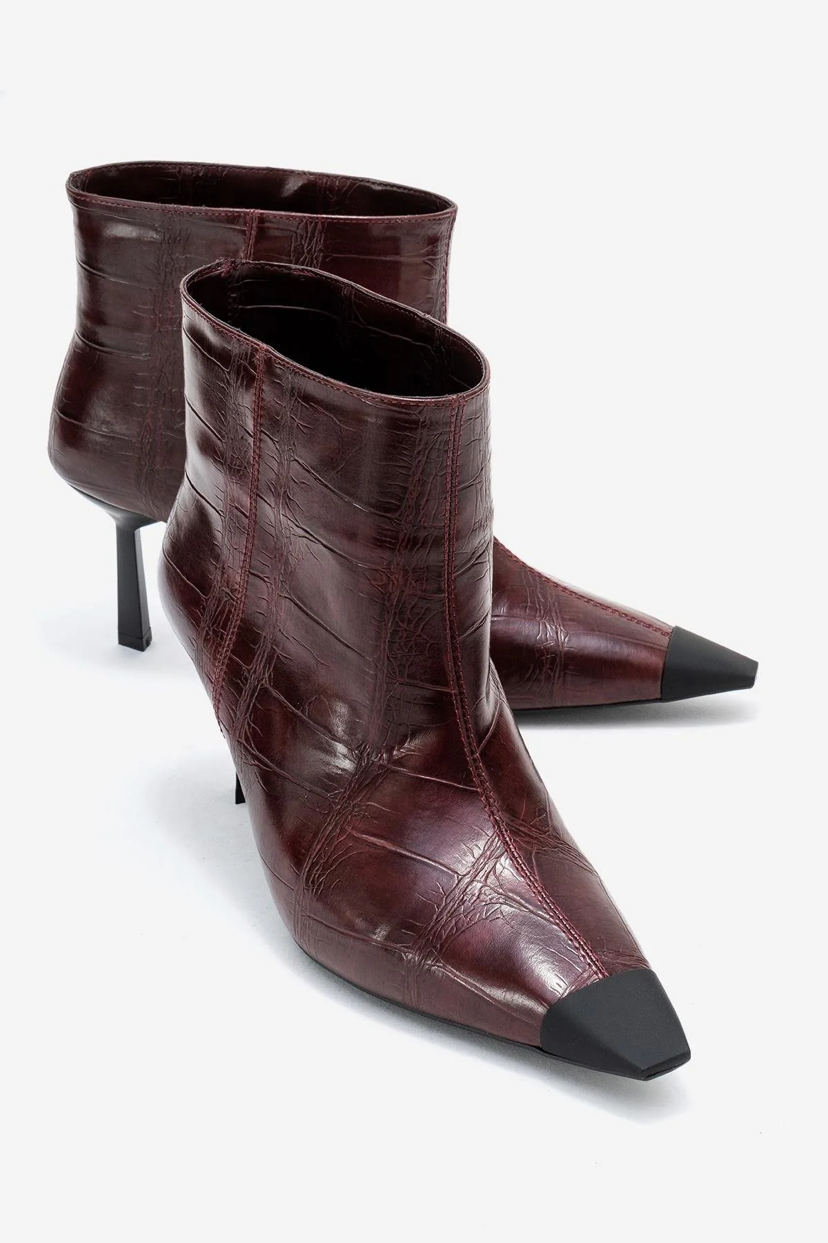 Rassel - Burgundy Croc-Embossed Pointed Toe Stiletto Heel Ankle Boot (Women)