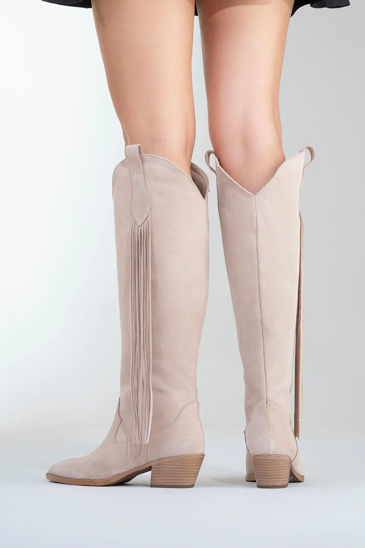 Rios - Beige Genuine Leather Suede Tassel Chunky Heel Boot (Women) - Image 6