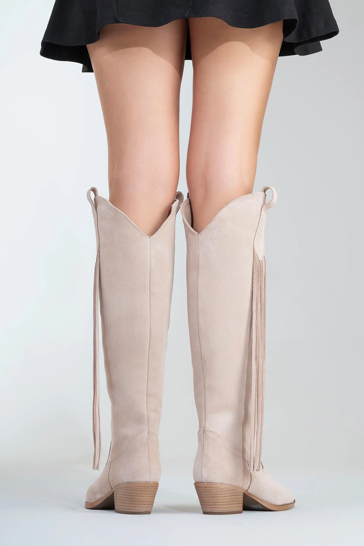 Rios - Beige Genuine Leather Suede Tassel Chunky Heel Boot (Women) - Image 8