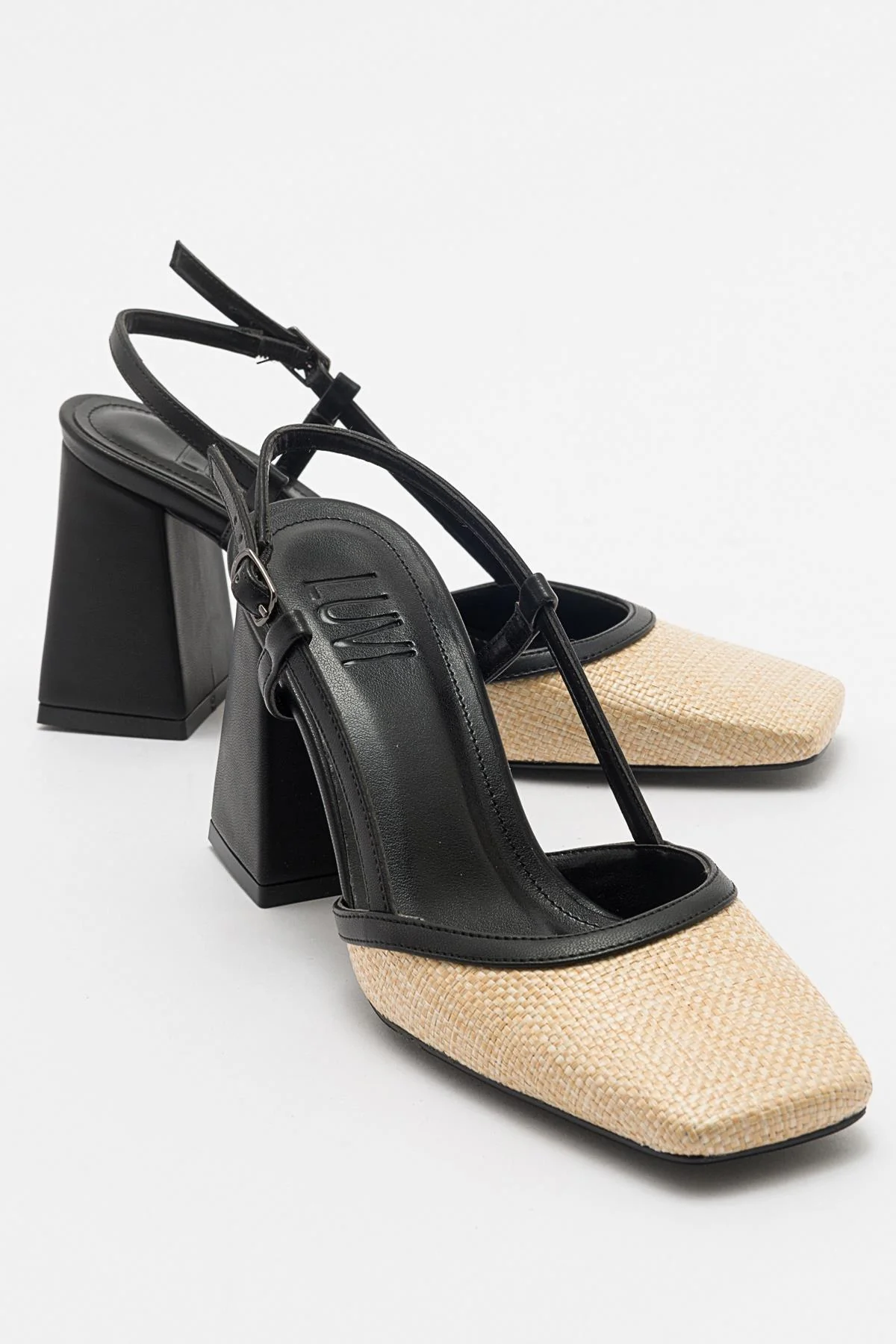 Rivie - Black Raffia Round Toe Chunky Heel Shoe (Women)