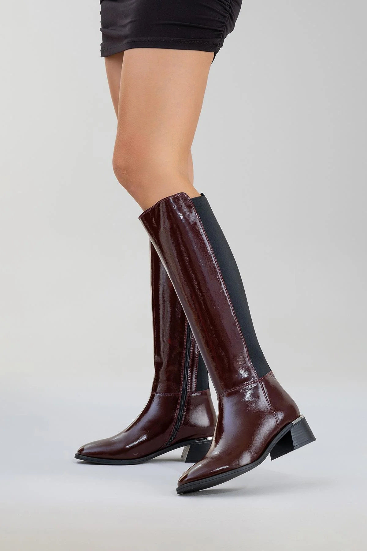 Rochos - Burgundy Patent Genuine Leather Block Heel Knee-High Boot (Women) - Image 2