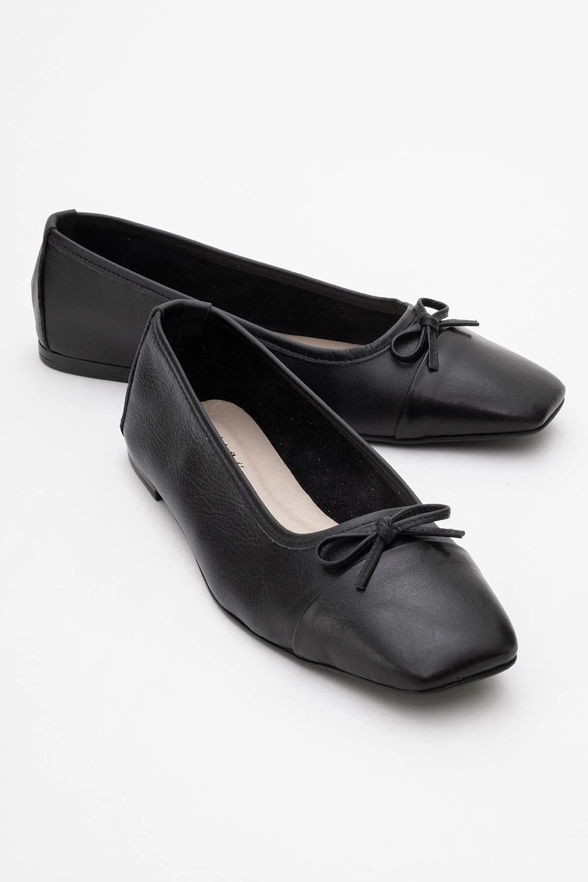 Romy - Black Genuine Leather Square-Toe Bow Ballet Flat (Women)