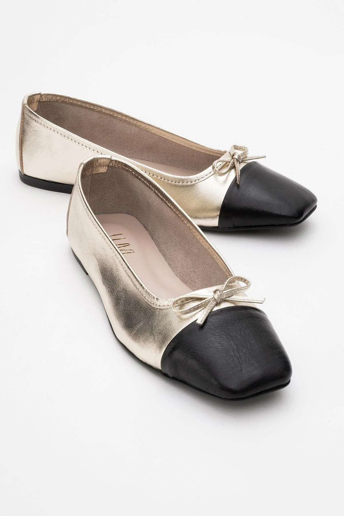 Romy - Gold-Black Genuine Leather Square Toe Bow Ballet Flat (Women)
