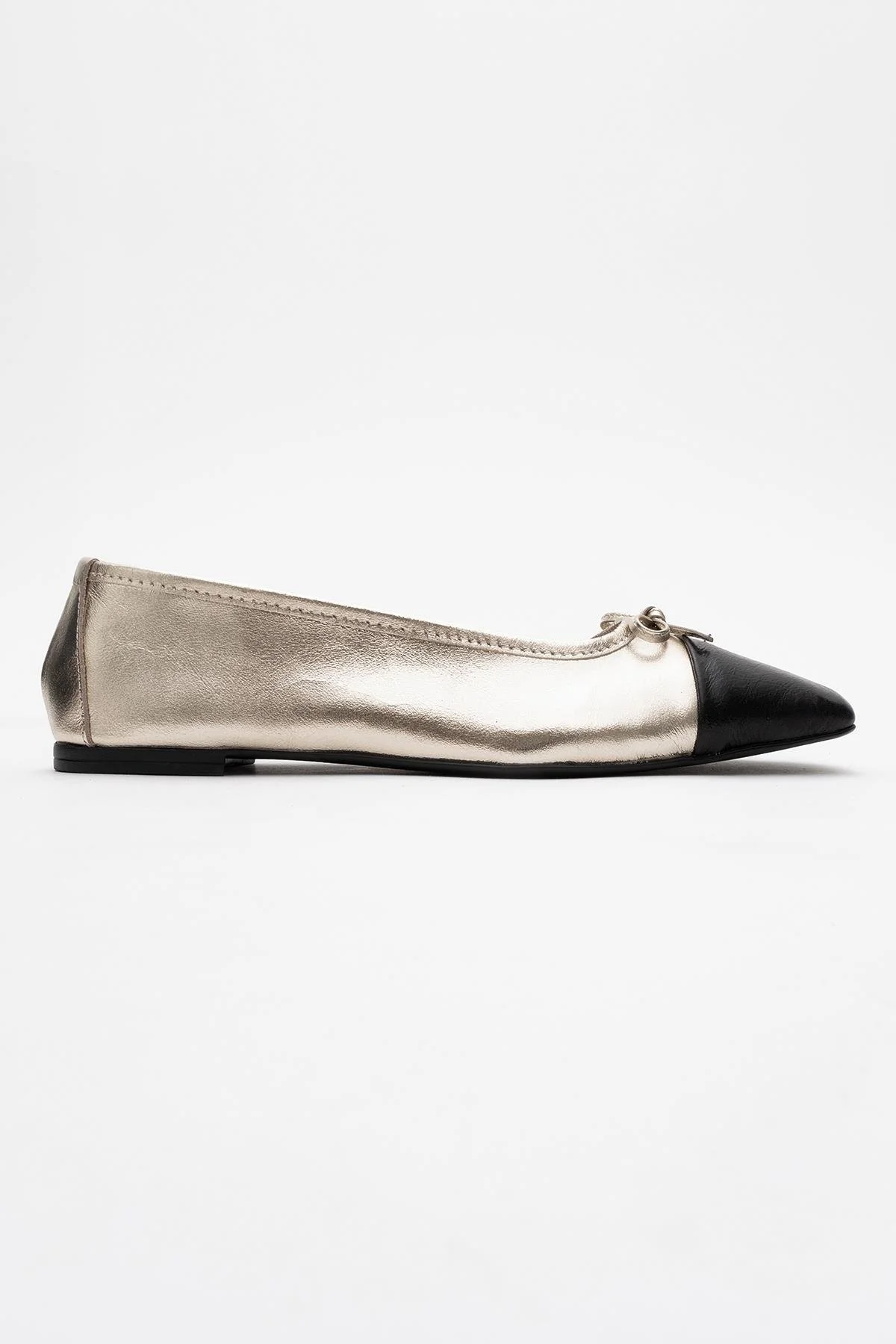 Romy - Gold-Black Genuine Leather Square Toe Bow Ballet Flat (Women) - Image 6