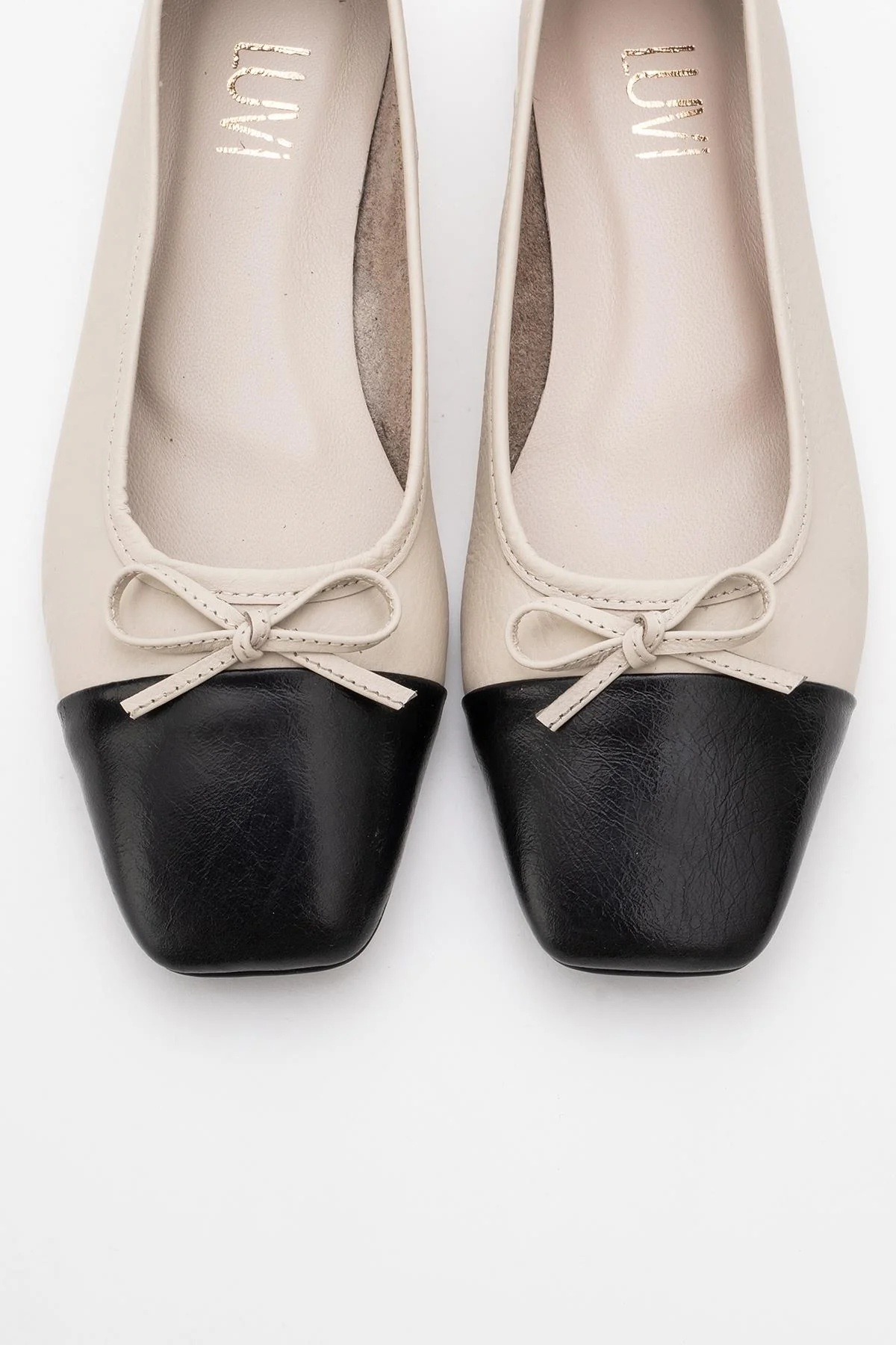 Romy - Off-White-Black Genuine Leather Square Toe Bow Ballet Flat (Women) - Image 2