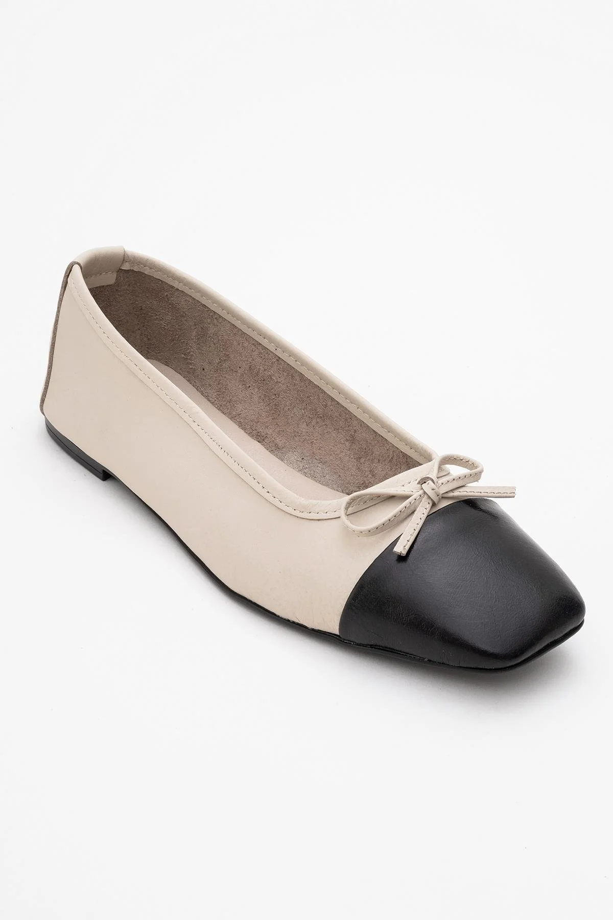 Romy - Off-White-Black Genuine Leather Square Toe Bow Ballet Flat (Women) - Image 3