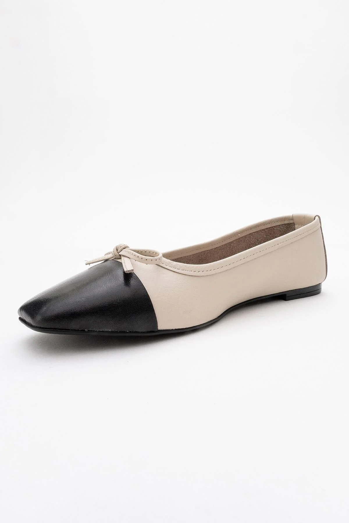 Romy - Off-White-Black Genuine Leather Square Toe Bow Ballet Flat (Women) - Image 4