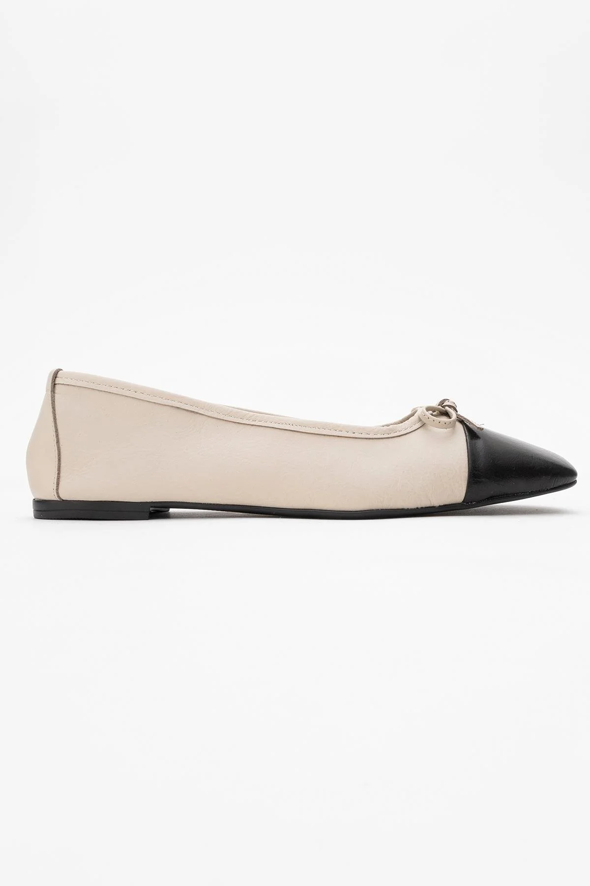 Romy - Off-White-Black Genuine Leather Square Toe Bow Ballet Flat (Women) - Image 6