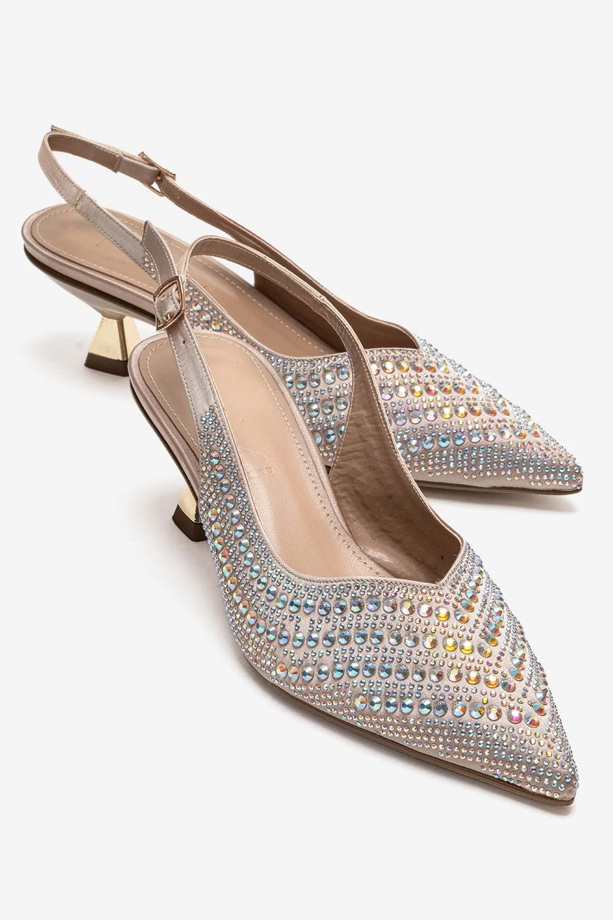 ROYALE - Beige Satin Stone-Embellished Kitten Heel Evening Shoe (Women)