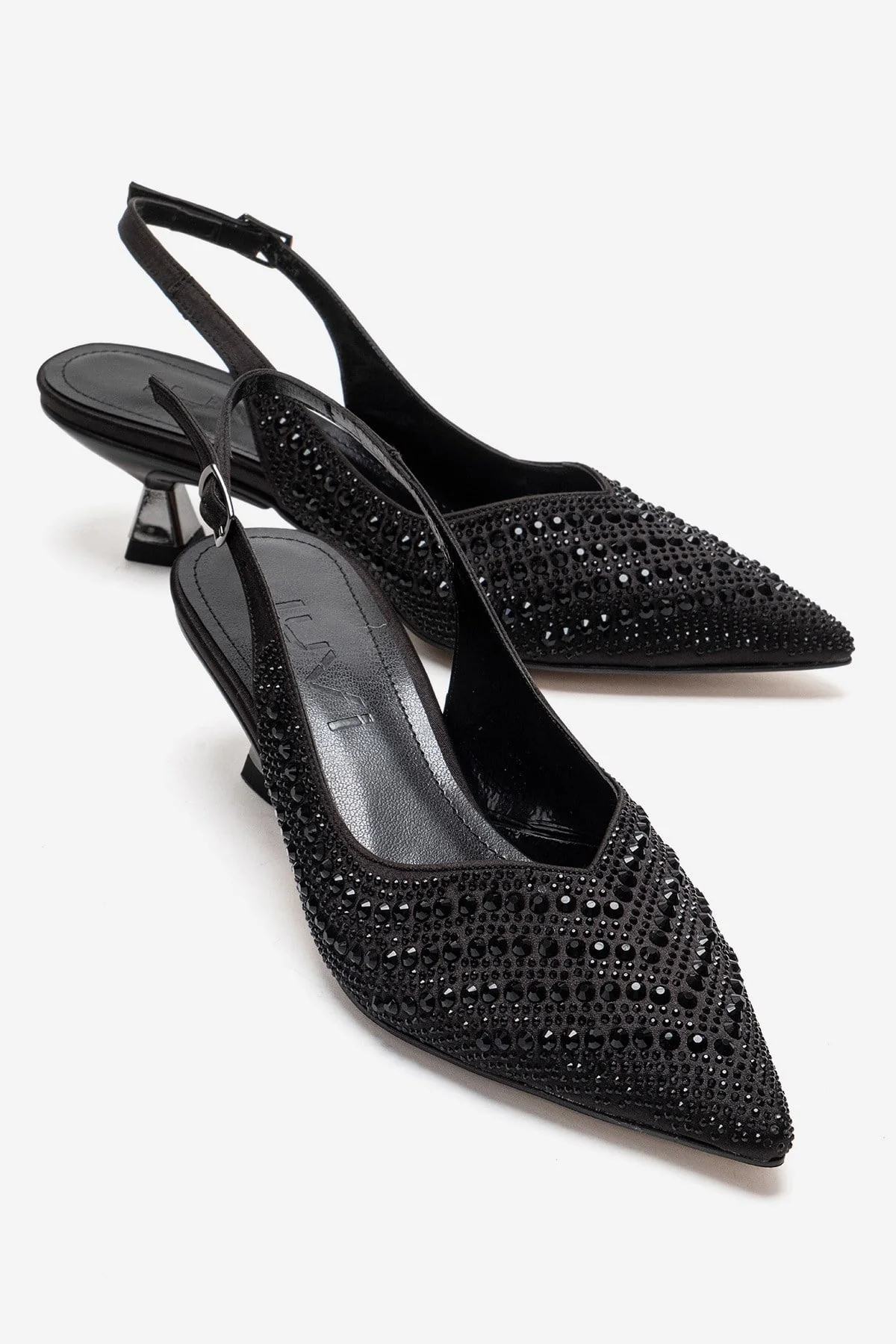 ROYALE - Black Satin Stone-Embellished Kitten Heel Evening Shoe (Women)