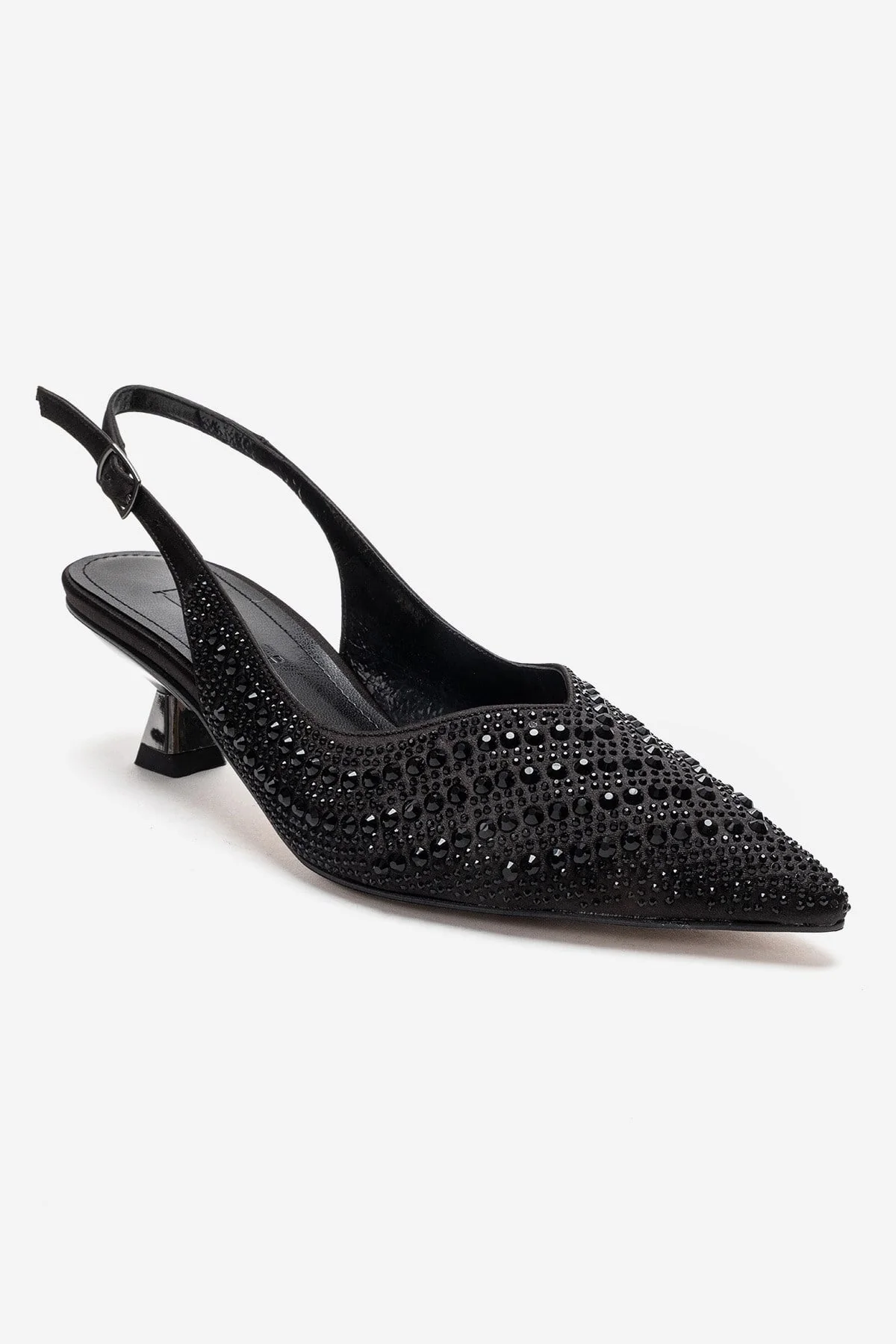 ROYALE - Black Satin Stone-Embellished Kitten Heel Evening Shoe (Women) - Image 3