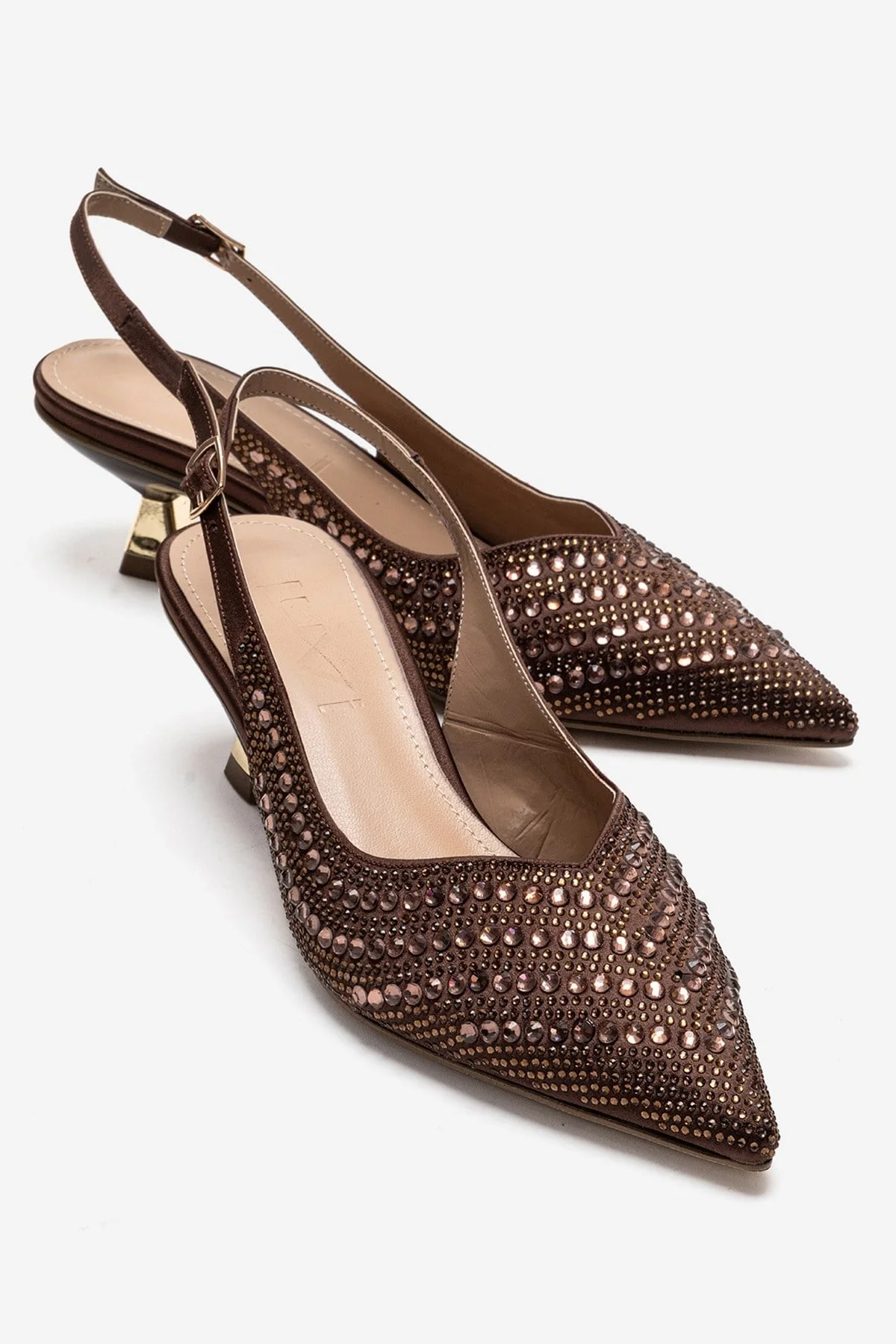 ROYALE - Brown Satin Stone-Embellished Kitten Heel Evening Shoe (Women)