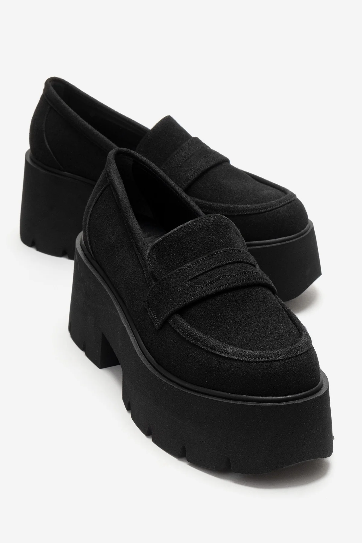 Santia - Black Suede Thick Platform Loafer (Women)