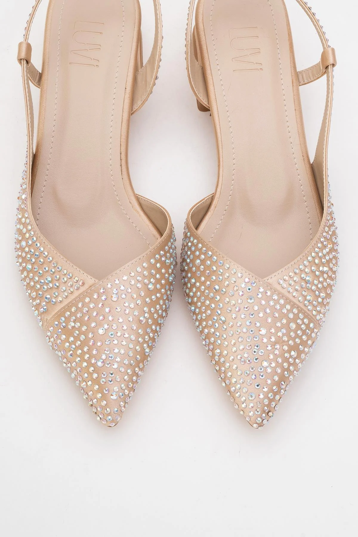 Sella - Beige Satin Jeweled Short Block Heel Shoe (Women) - Image 2