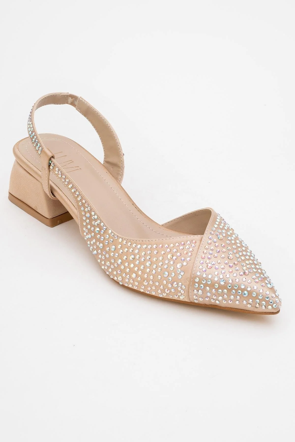 Sella - Beige Satin Jeweled Short Block Heel Shoe (Women) - Image 3