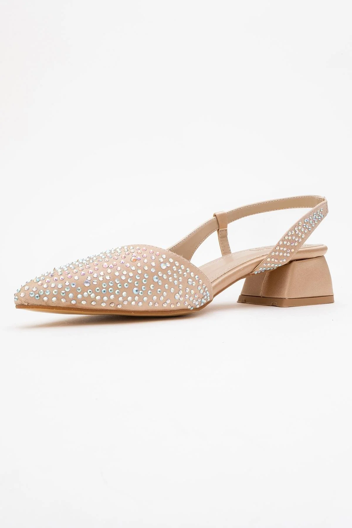 Sella - Beige Satin Jeweled Short Block Heel Shoe (Women) - Image 4
