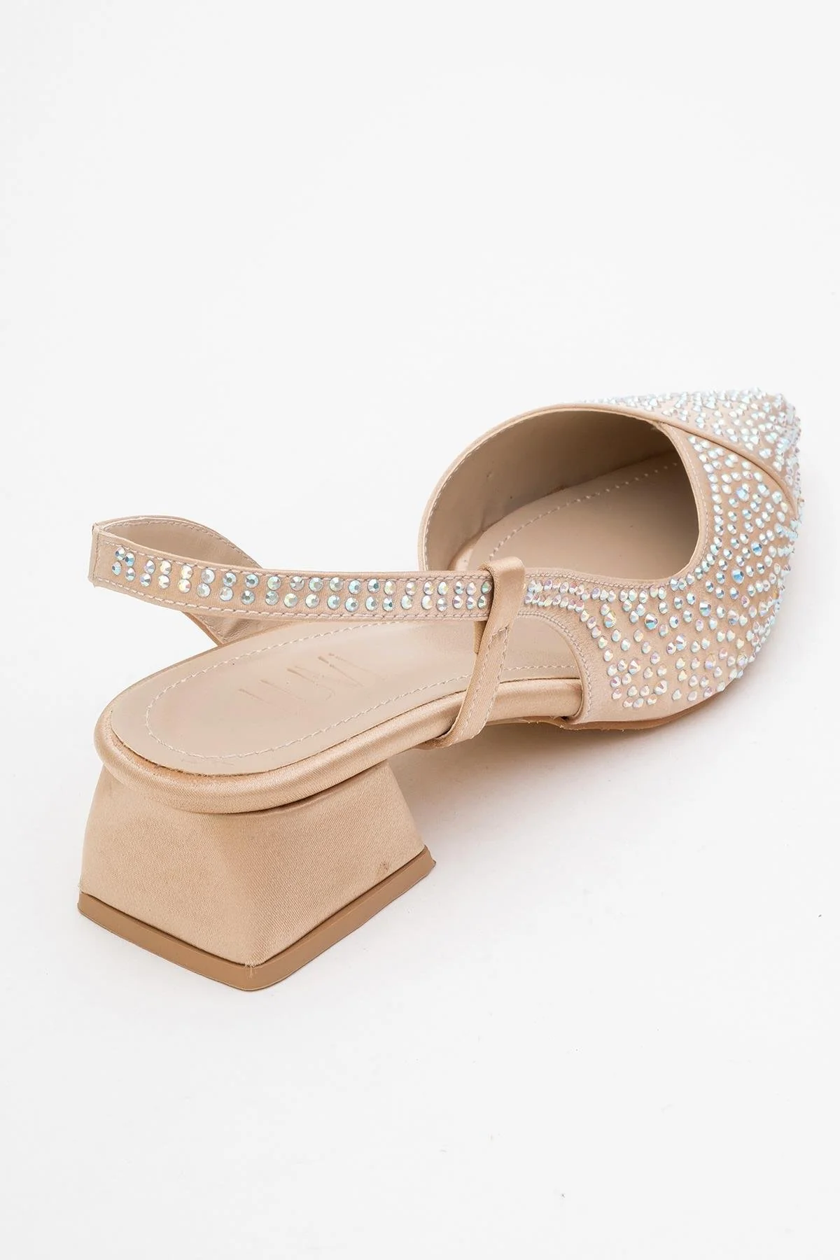 Sella - Beige Satin Jeweled Short Block Heel Shoe (Women) - Image 5