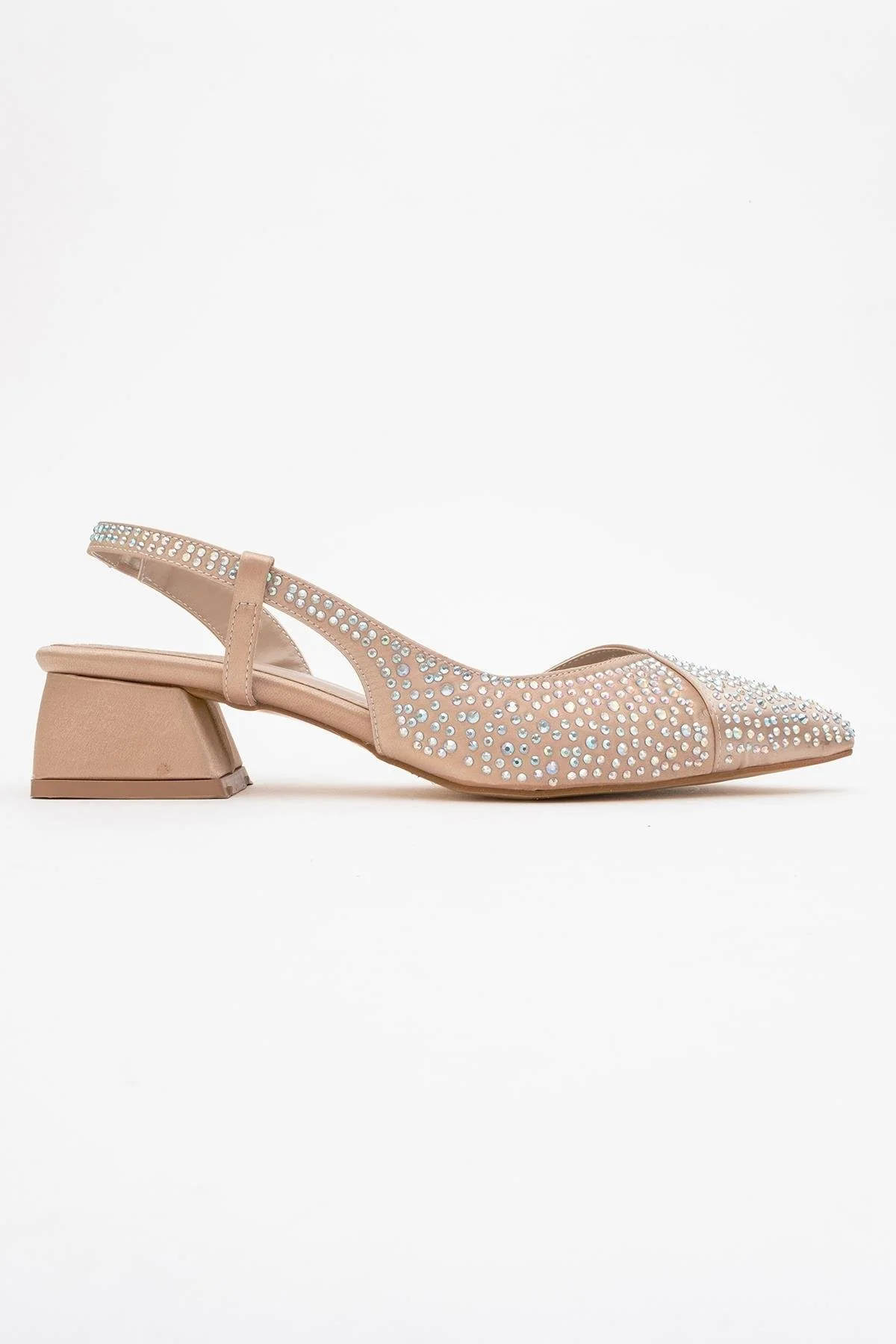Sella - Beige Satin Jeweled Short Block Heel Shoe (Women) - Image 6