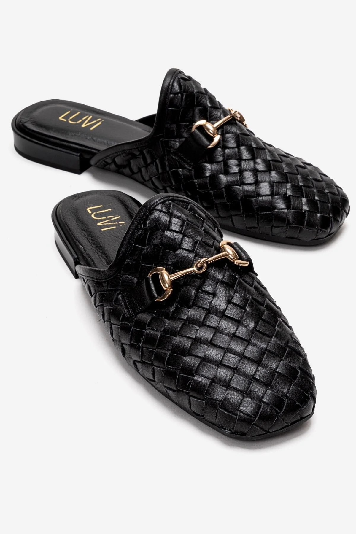 SENIA - Black Woven Genuine Leather Buckled Closed-Toe Mule (Women)